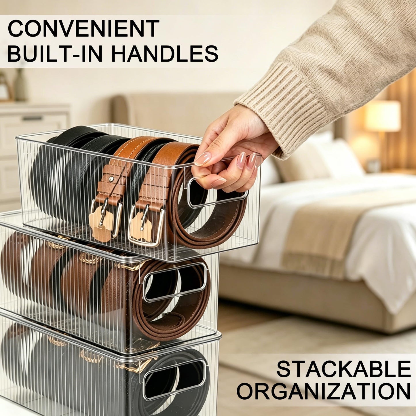 Fevont Belt Organizer - with Handles & Stackable Design, Belt Storage Holder for Closet and Drawer, 4-Compartment Display Case for Ties, Socks, Underwear
