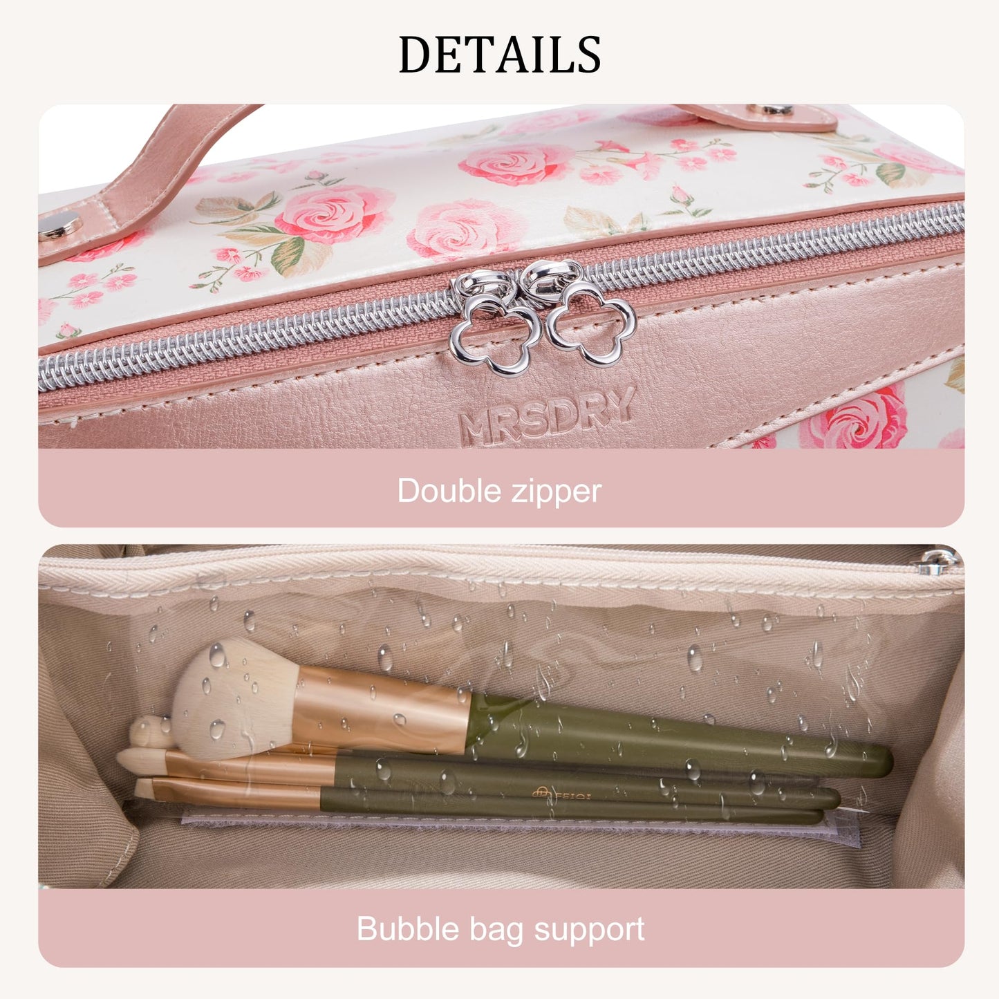 Mrsdry Travel Makeup Bag，Large-capacity waterproof cosmetic bag，Travel bags and toiletries bags for women，PU leather material，Multi-zone and large opening design (Rose Gold flower)