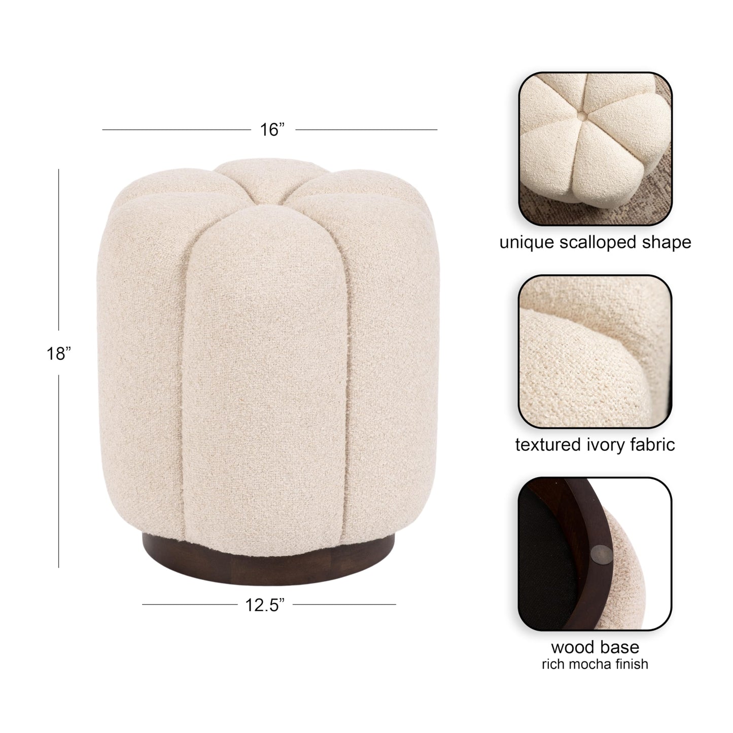 Kate and Laurel Lucida Round Upholstered Ottoman with Mango Wood Base, 16 x 16 x 18, Soft White and Dark Brown, Modern Scalloped Boucle Ottoman Foot Rest for Apartment or Living Room Decor