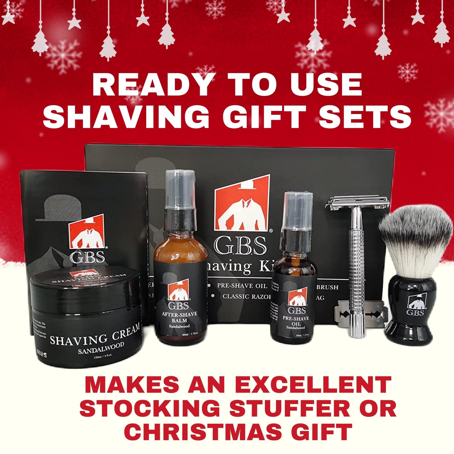 GENTS Complete Shaving Kit Gift Set for Men - Safety Razor with Sandalwood Shave Cream, Aftershave Balm, Pre-Shave Oil & Brush - Chriistmas Gift