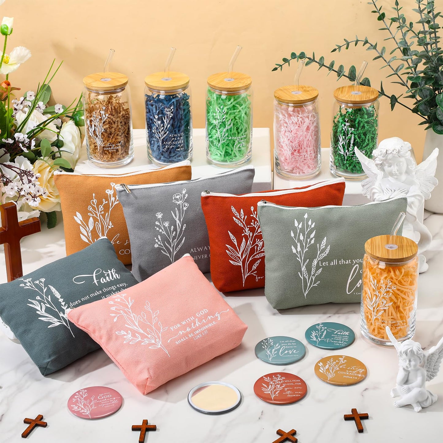 Fumete 6 Set Christian Gift for Women Bulk Religious Makeup Bag Glass Bible Verse Cup Mini Christian Compact Mirror Gifts for Church Members Women Basket Stuffers(Bright Colors)