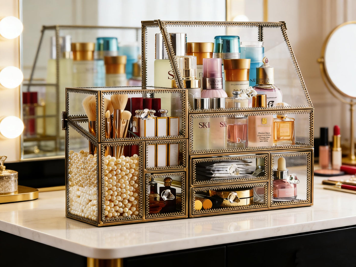 Luxury Glass Makeup Organizer Antique Bronze Metal Frame, Clear Vanity Countertop Storage Case for Cosmetics, Skincare, Perfume, Jewelry, Brush Holder & Drawers for Bathroom, Bedroom, Dressing Table