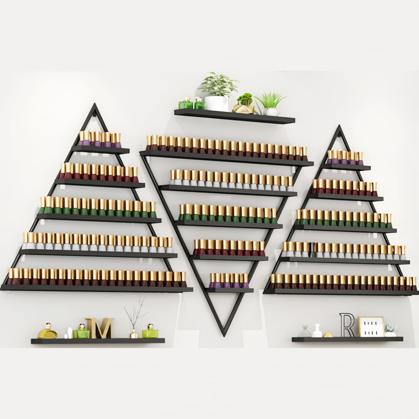 BANEBONE Elegant Gold Wall Mounted Nail Polish Rack - Set of 6 Triangular Cosmetic Display Shelves for Essential Oil Bottles, Organize Your Lipsticks and Perfumes in Style at Home or Salon (Black)