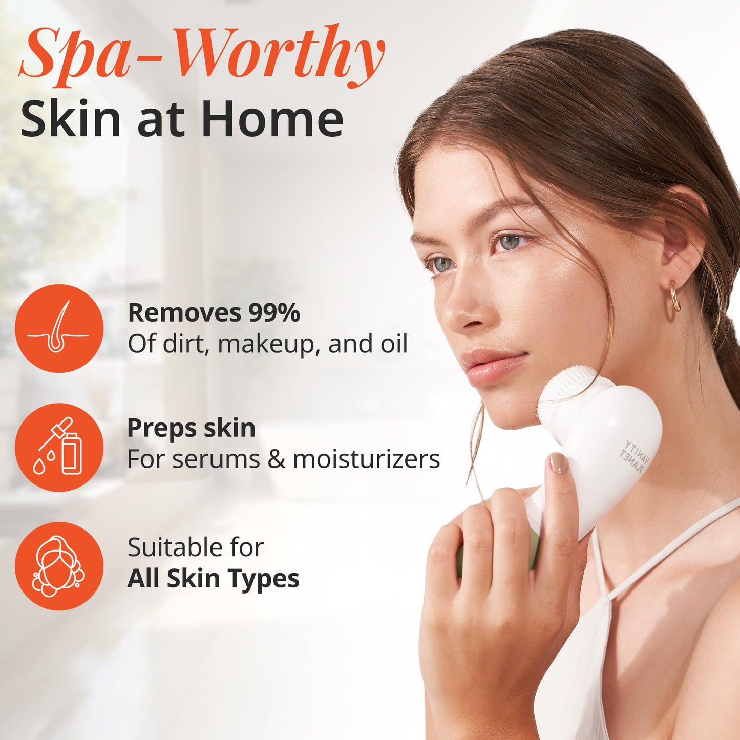 Vanity Planet Raedia Facial Cleansing Brush - Electric Facial Cleansing Brush with 4 Exfoliating Brush Heads - Waterproof, Handheld, Lightweight for Face Scrubber and Exfoliating Face - Warm Grey