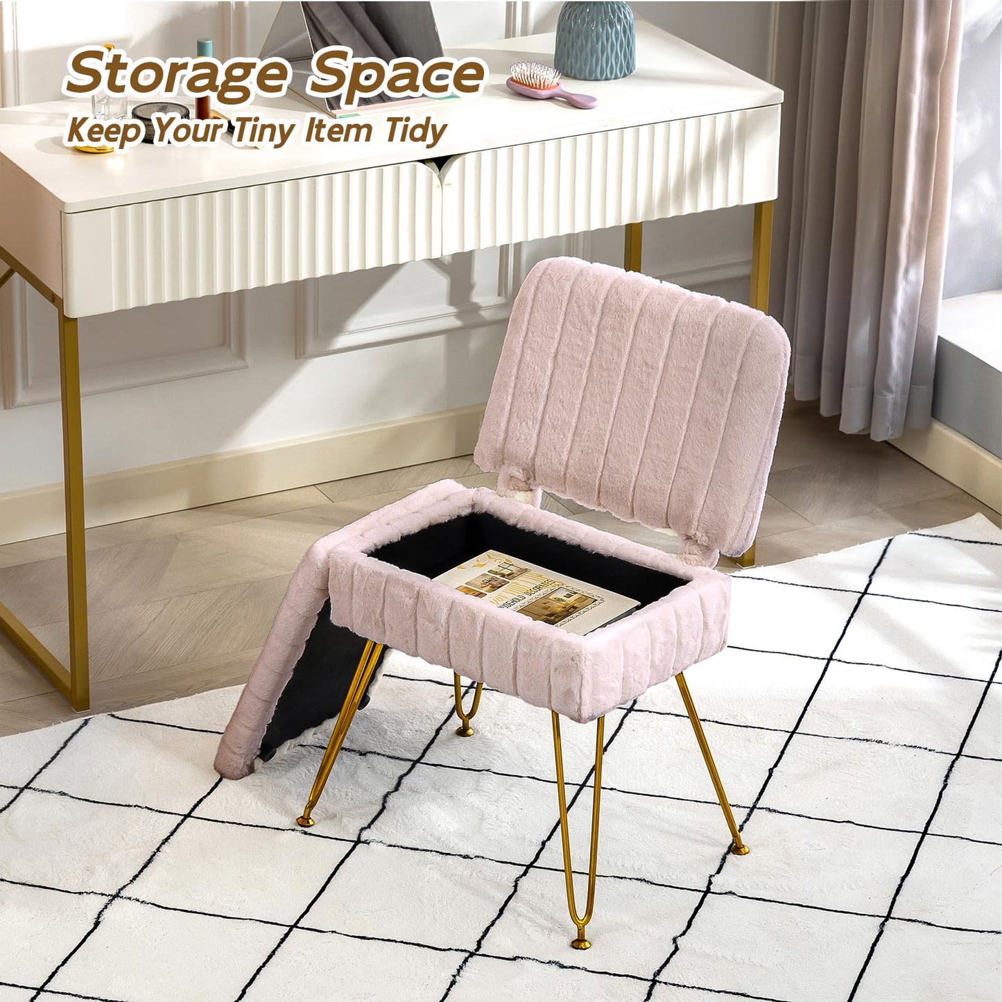 Manyday Vanity Chair with Storage, Comfy Ottoman with Folding Back, Faux Fur Vanity Stool with 4 Metal Legs for Make Up, Furry Padded Seat with Anti-Slip Feet for Bedroom Dressing Room