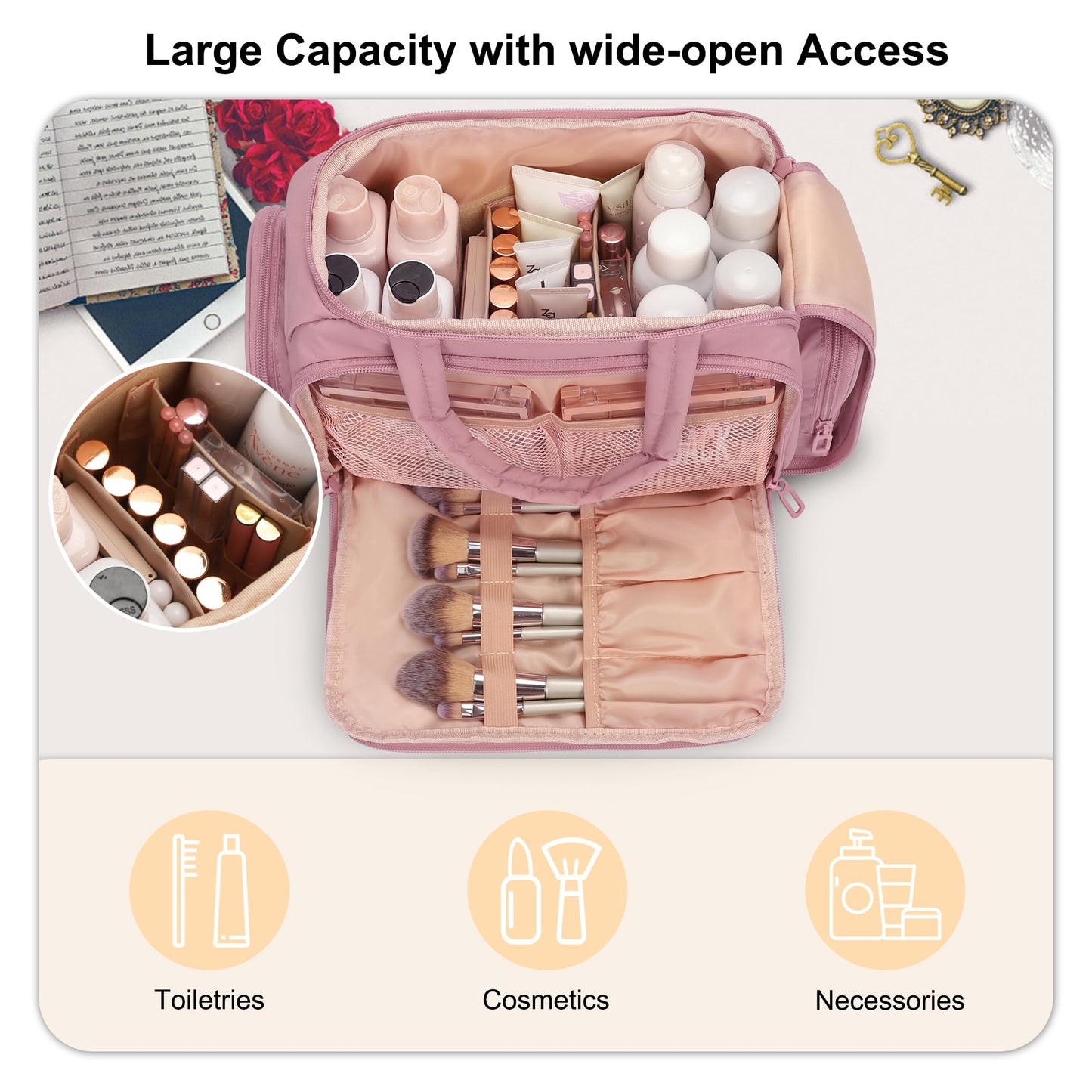 WGEAR Travel Cosmetic Bag for Women, Lightweight Wide-open Makeup Travel Bags for Toiletries with 2 Removable Dividers, Large Makeup Organizer with Brushes Board, Multi Pockets for Gym, Daily, Pink