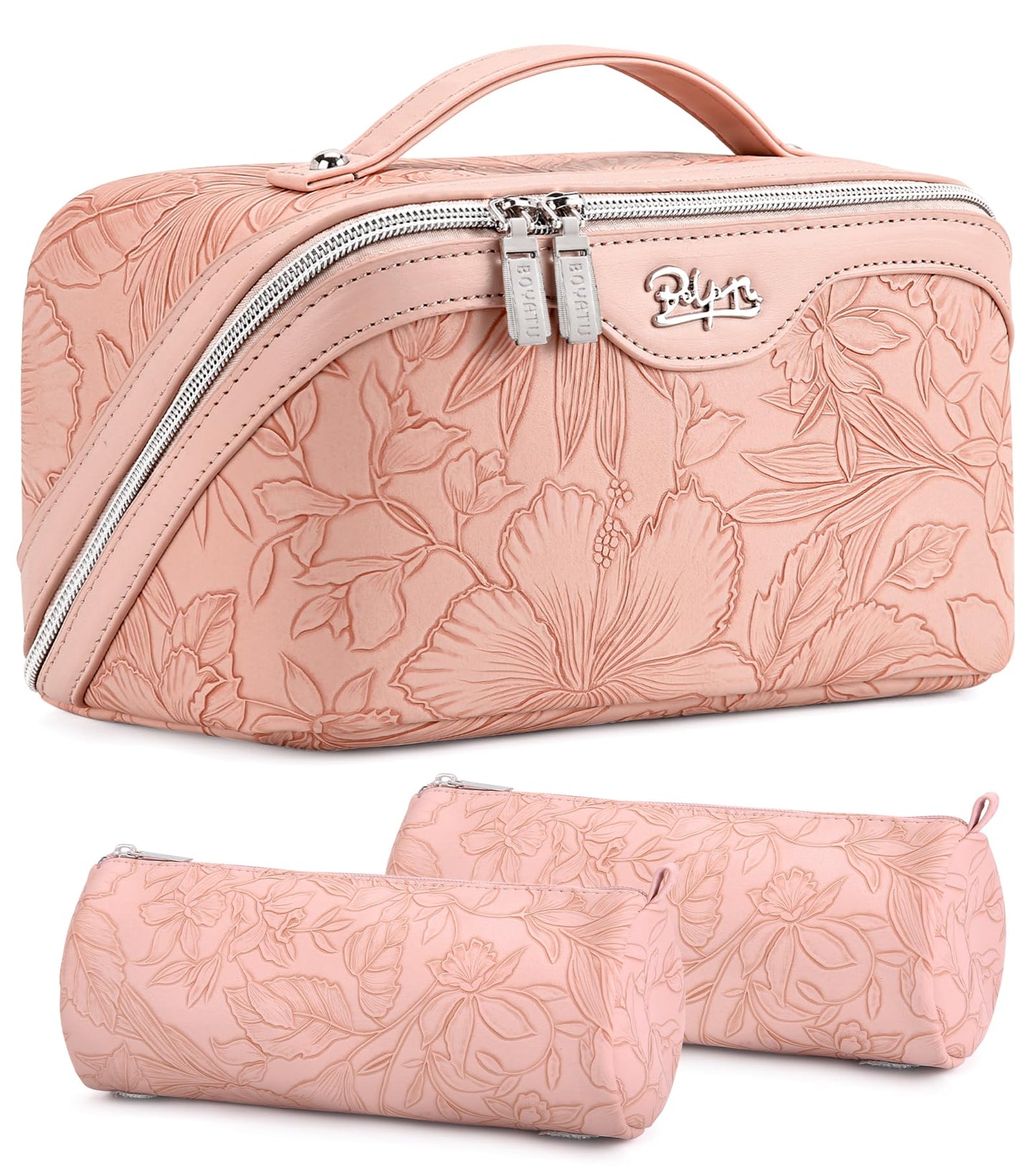 BOYATU Travel Makeup Bags Cosmetic Organizer Bag: 3-Set Large Capacity Make up Bag - PU Leather Toiletry Bags for Women - Wide Open Portable Pouch with Divider & Handle (01-Z-Pink)