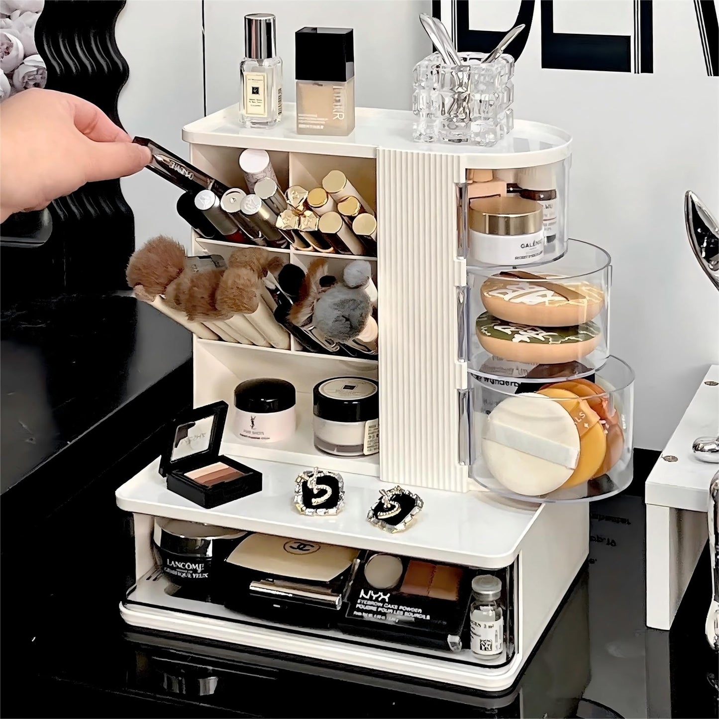 AevumTech Makeup Organizer with 3 Rotating & Dustproof Drawers, Large Capacity Cosmetic Storage Box with Makeup Brush Holder, Make up Organizers for Vanity, Dresser, Bathroom (White)
