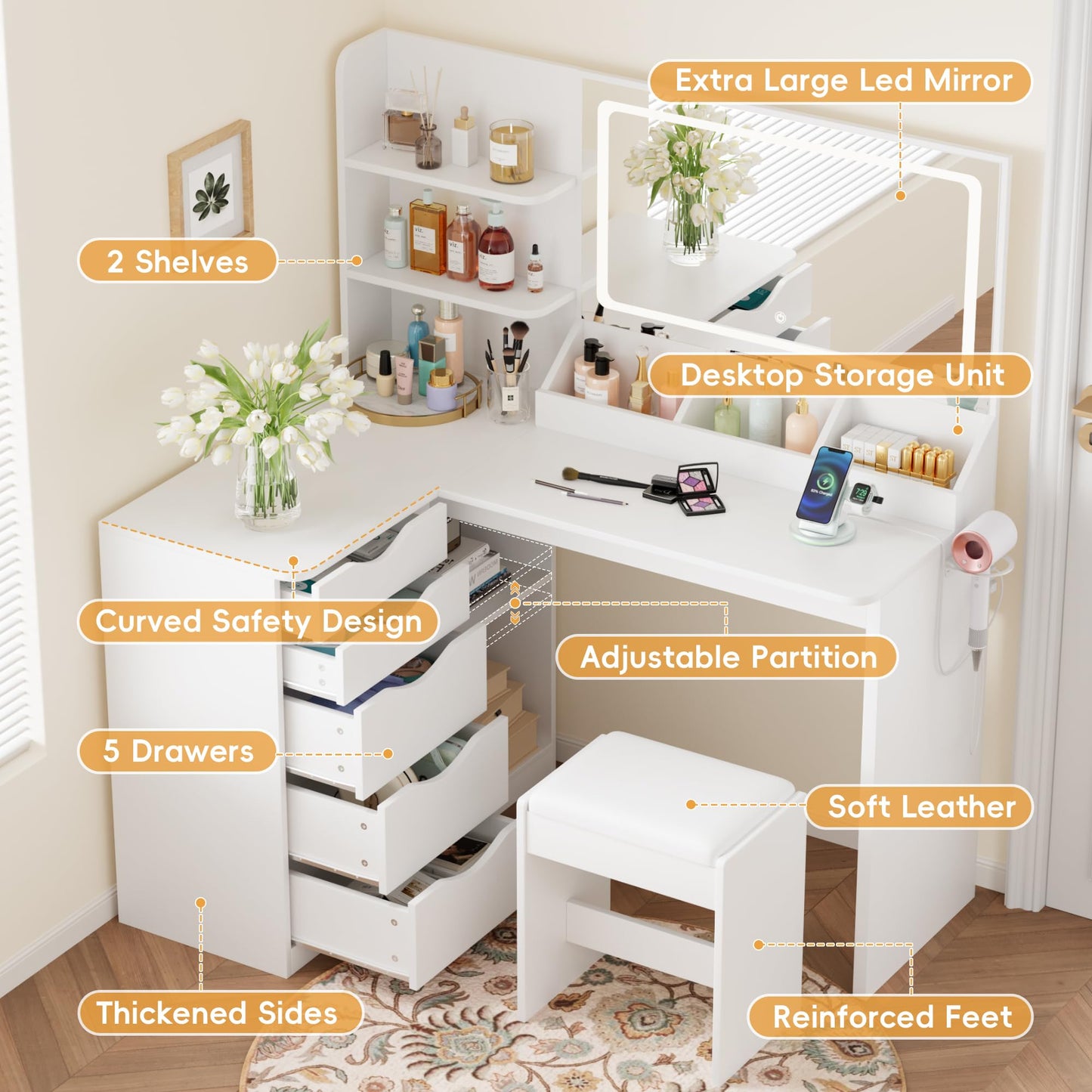 YESHOMY Vanity Desk with Lights and Mirror, L Shaped Makeup Table, with Hairdryer Holder and Fast Charging, Adjustable 3 Lighting Modes, 5 Drawers and Adjustabled Open Storage Shelves, White