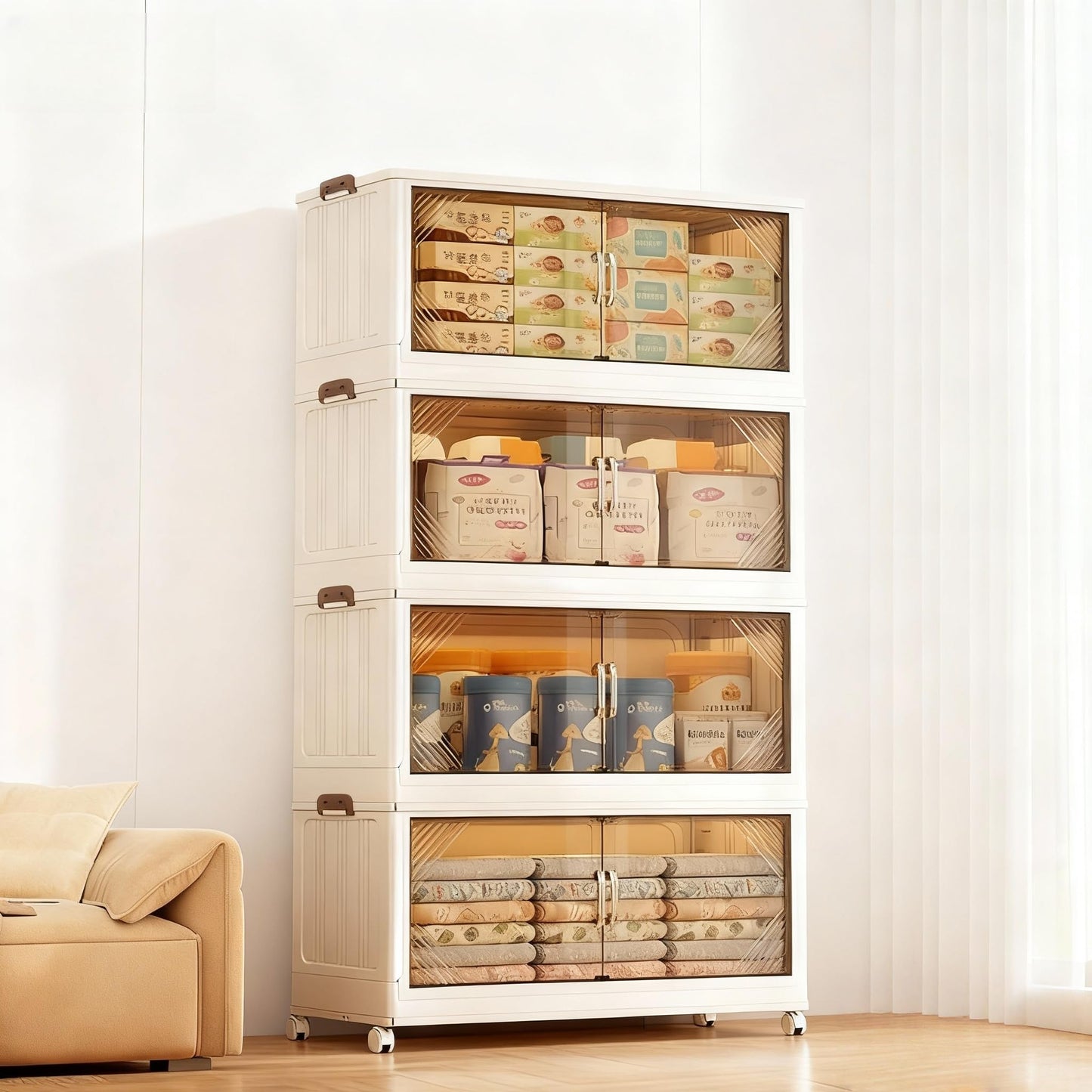 TIRUSS 25" Wide 4-Tier Rolling Storage Bins with Lids,383QT Collapsible Stackable Storage Cabinet with Wheels,Foldable Closet Organizers,Plastic Storage Drawers for Home, Bathroom, RV Essentials