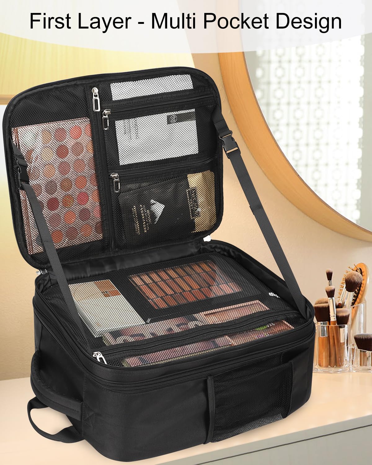 TANTO Makeup Backpack, Makeup Artist Bag Professional Cosmetic Bag with 4 Bag Extra Large Travel Train Case Double-Layer Make up Storage Organizer Cosmetic Brush Case with Adjustable Divider (Black