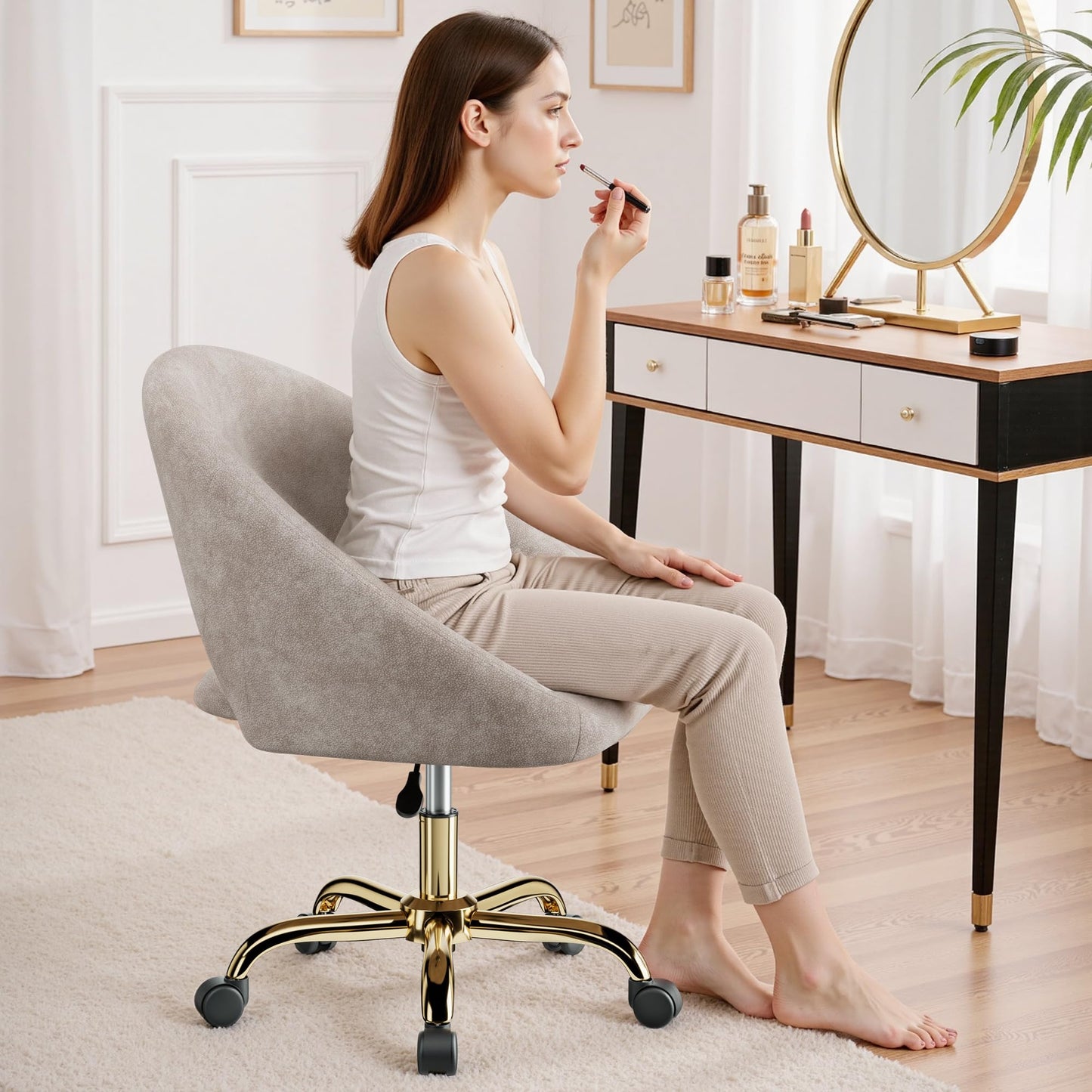 BestEra Vanity Chair with Wheels, Waterproof Modern Makeup Vanity Chairs with Back Adjustable Height, Comfy Cute Home Office Desk Chairs for Bedroom, Living Room (Khaki)