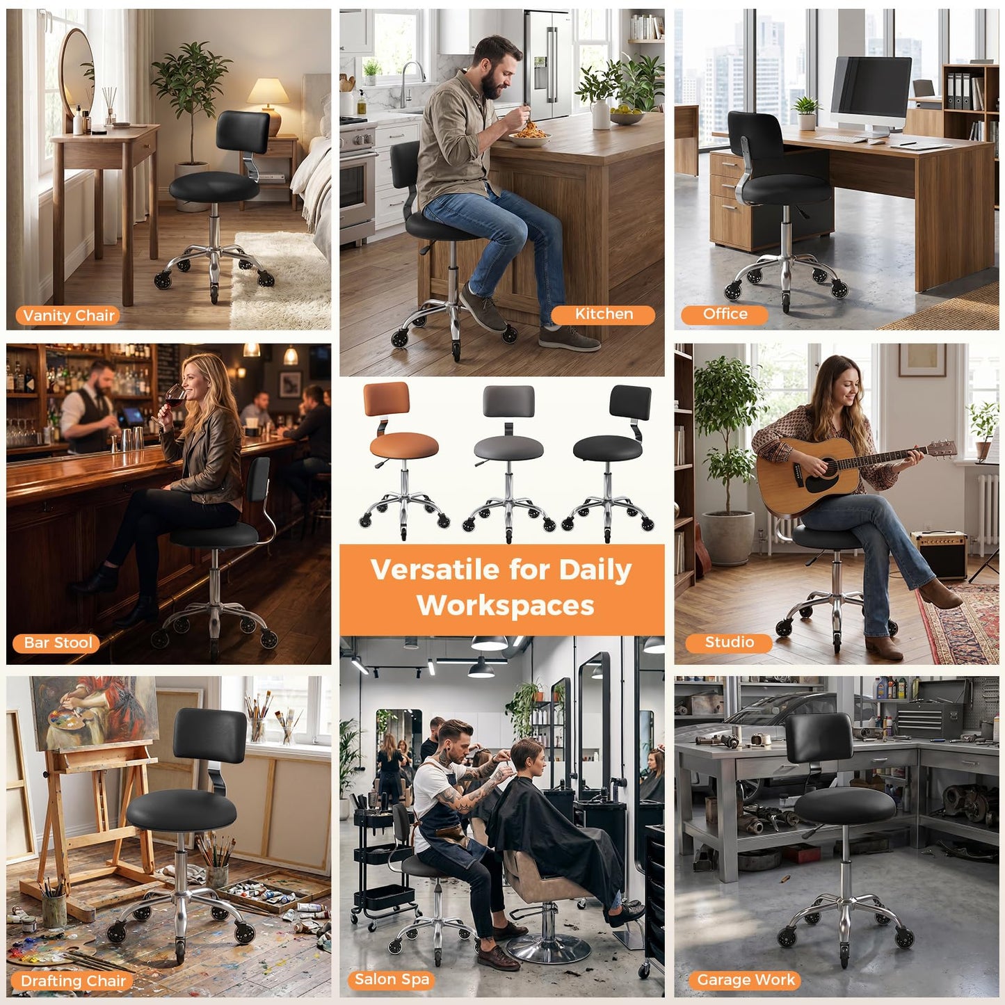 Rolling Stool Chair with Wheels, Office Drafting Chair with Back Support, Height Adjustable Standing Desk Stool with PU Leather Cushion for Home Office Kitchen Vanity Spa Garage Tattoo Dentist, Black
