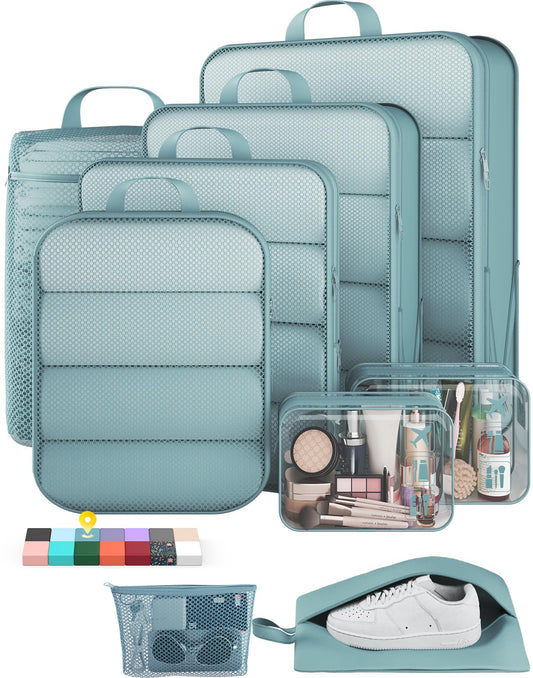 Veken 9/11 Set Compression Packing Cubes for Travel Essentials,Compressible Expandable Large Luggage Suitcase Organizer Bags for Clothing,Space Saver Bags with Over 1000 pcs of Mesh Holes(Blue Gray)