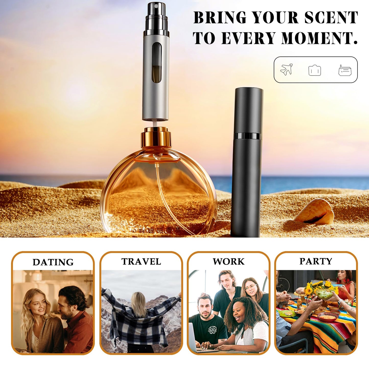DIOHIO 8ml Perfume Atomizer Travel Refillable,Mini Cologne Dispenser, Bottom-Filling Fragrances Perfumes Bottle,Portable Sprayer Pocket Size for Women Men Cruise Car Trip Gift 2pcs (Black-Black)