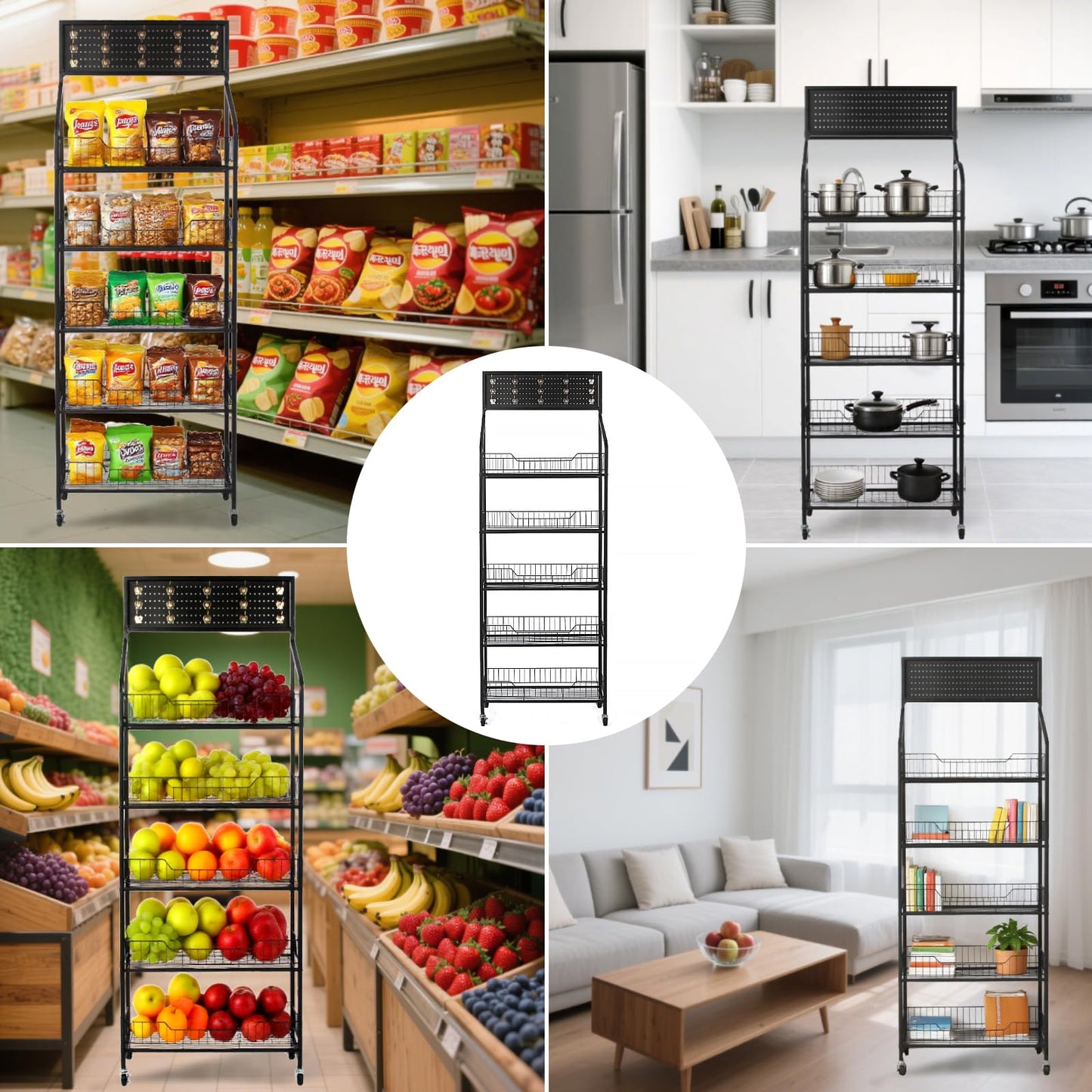 Chip Display Rack - 5 Tier Snack Rack Display Stand with 360° Swivel Wheels & 15 Hooks，Metal Candy Display Rack for Supermarkets/Convenience Stores/Fruit Stores/Home