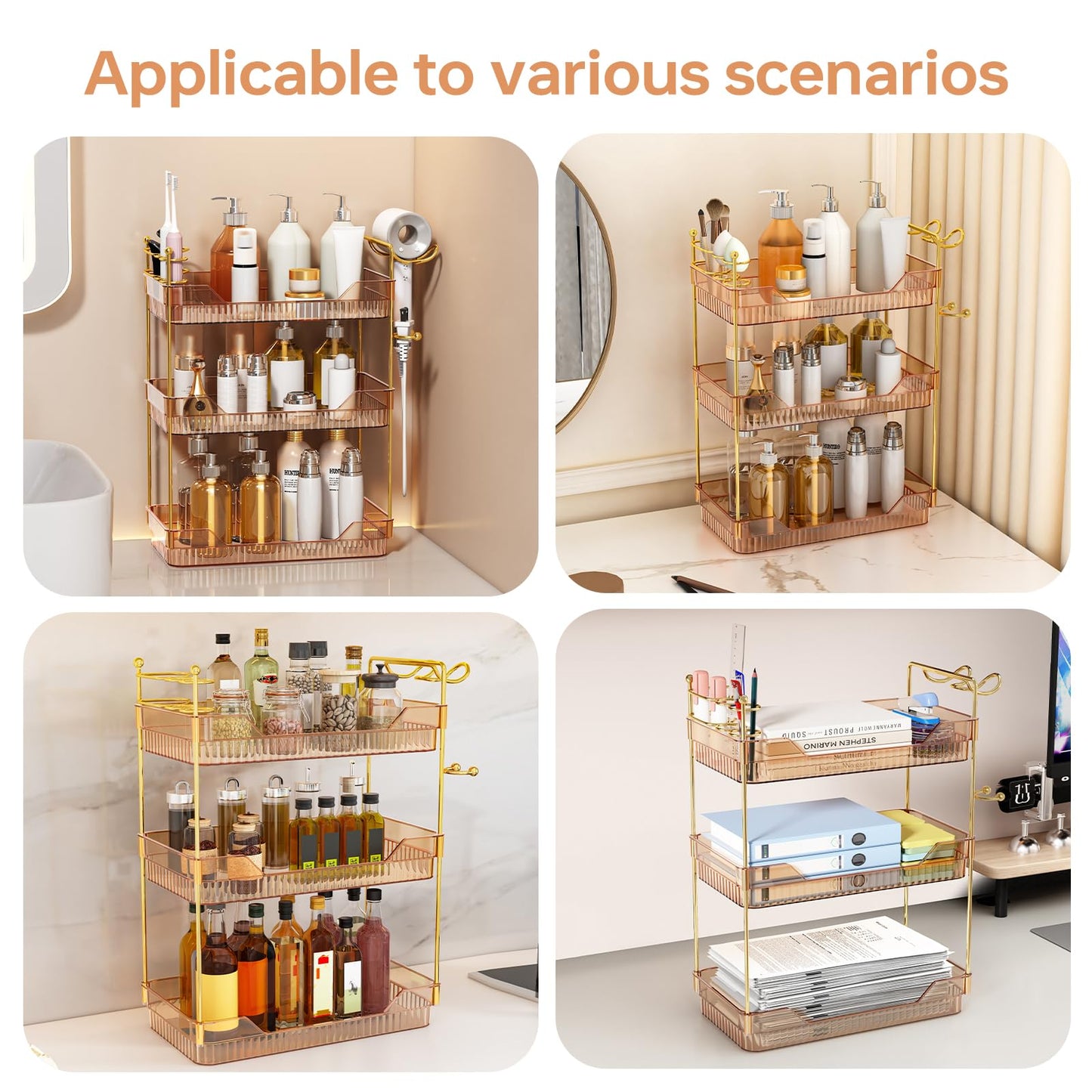 ZZWILLB 3-Tier Bathroom Countertop Organizer - Amber Acrylic Vanity Trays with Hair Dryer & Toothbrush Holder - Luxury Skincare, Perfume & Makeup Storage Rack for Countertop, Dresser & Cabinet