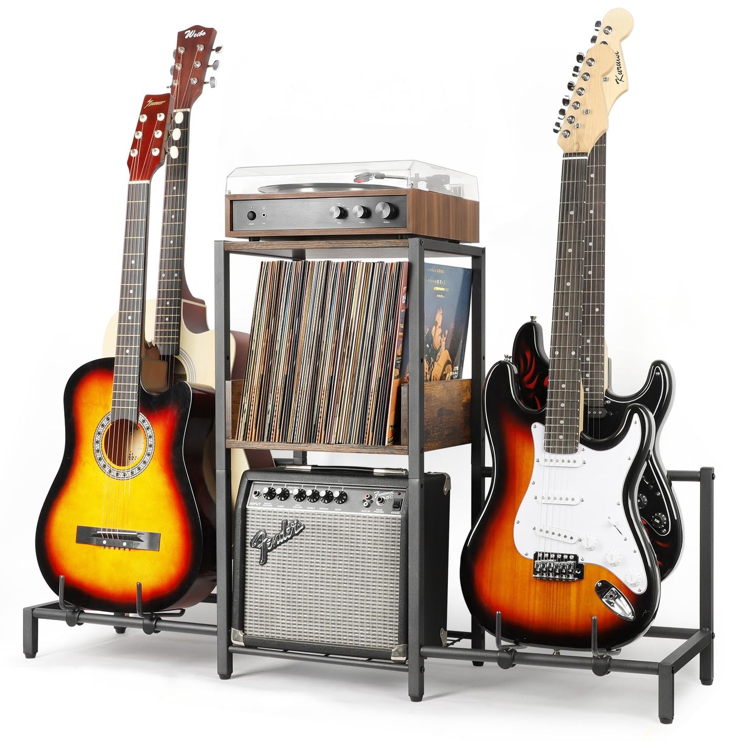 Bikoney Guitar Stand for 4 Guitars - Acoustic, Electric, Bass & Ukulele Floor Rack with 2 Wood Shelves for Amp Holder, Vinyl Records & Media Storage - Adjustable Multi Guitar Display Stand for Music Studio Home (Patent)