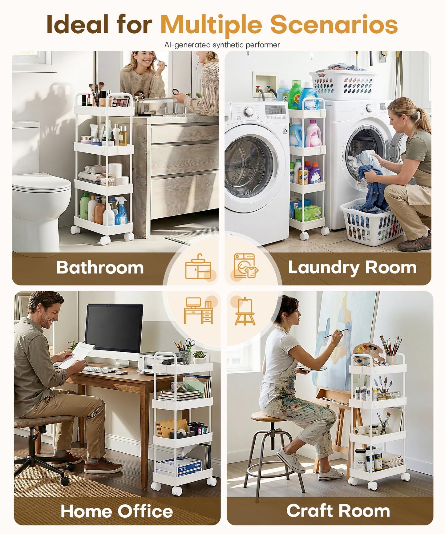 Homde Slim Rolling Cart for Kitchen: 4-Tier Space-Saving Narrow Floor Organizer - 37.4in Tall Vertical Storage for Bottles & Jars - Locking Wheels 8 Hooks for Hang & Grab