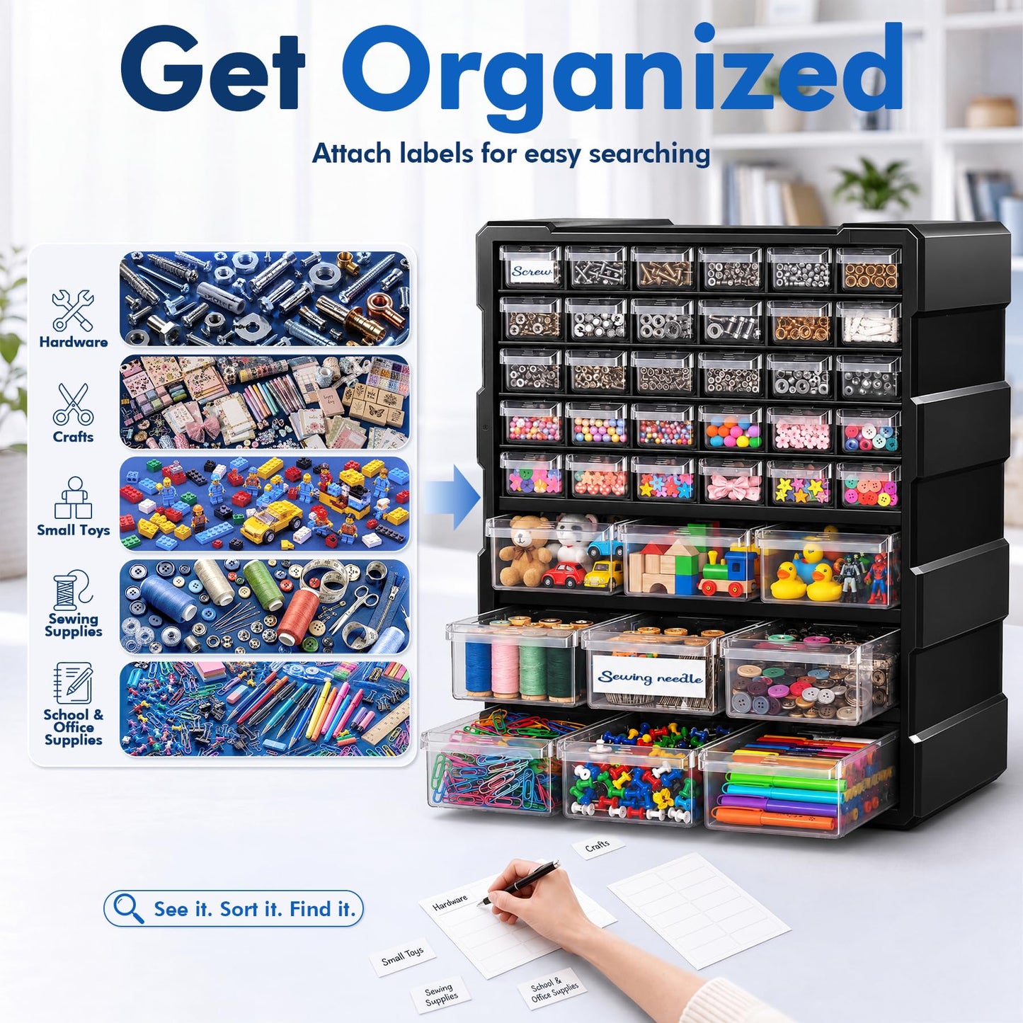 PurKeep Drawer Organizer for Garage Building Bricks Storage,Thicker Craft Organizers Storage with Dividers Labels for Hardware,Screws,Nuts Bolts,Teacher Toolbox,Charms, Beads,Craft