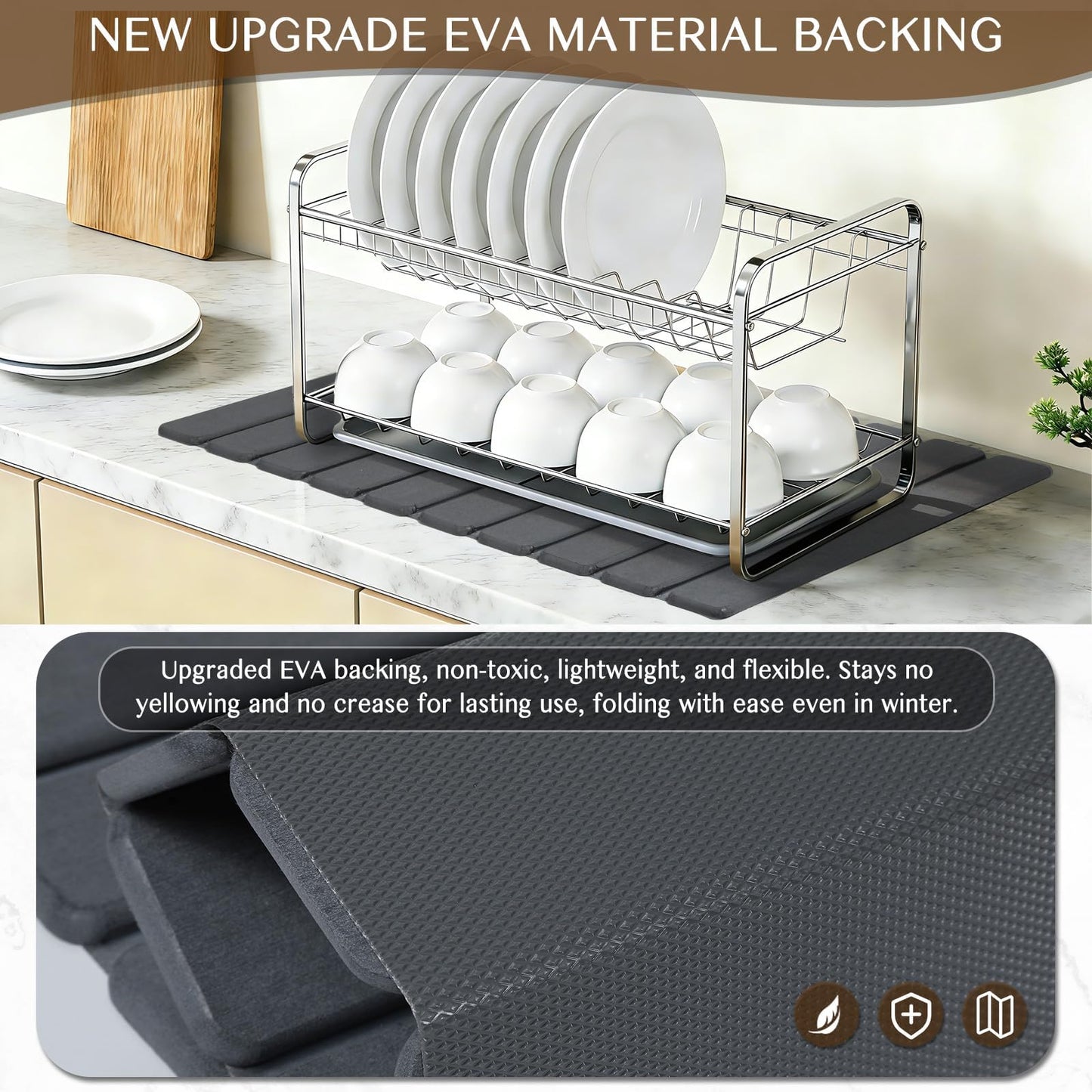 Large Stone Dish Drying Mat for Kitchen Counter, Thin & Light Quick Dry Stone Bath Mat, Foldable Water Absorbing Diatomite Drying Pad for Kitchen Bathroom Sink Countertop (Pure Gray 24"×16" & 8"x4")