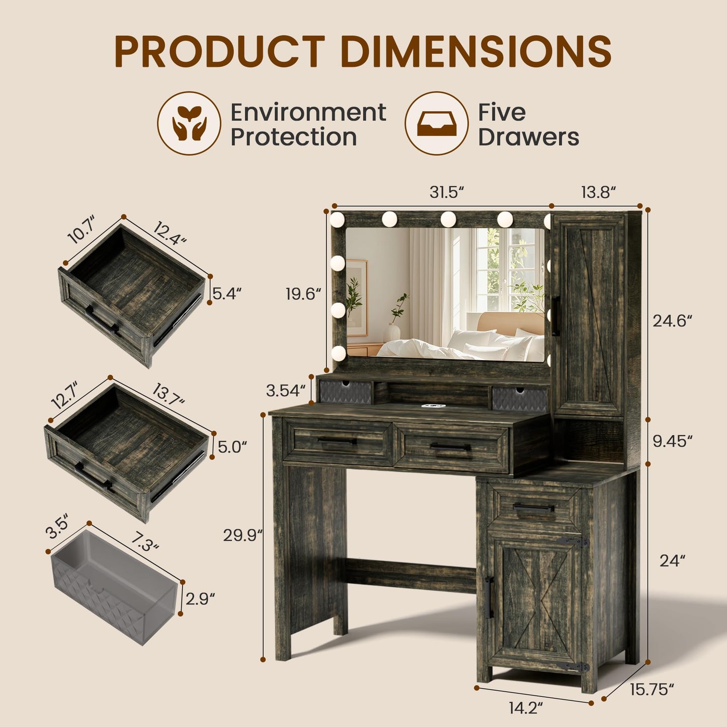 NicBex Vanity Desk with LED Lighted Mirror & Charging Ports, Makeup Vanity Table with Sliding Jewelry Cabinet, Built-in Lipstick Organizer, 3 Drawers and Shelves, Dressing Table for Bedroom, Brown