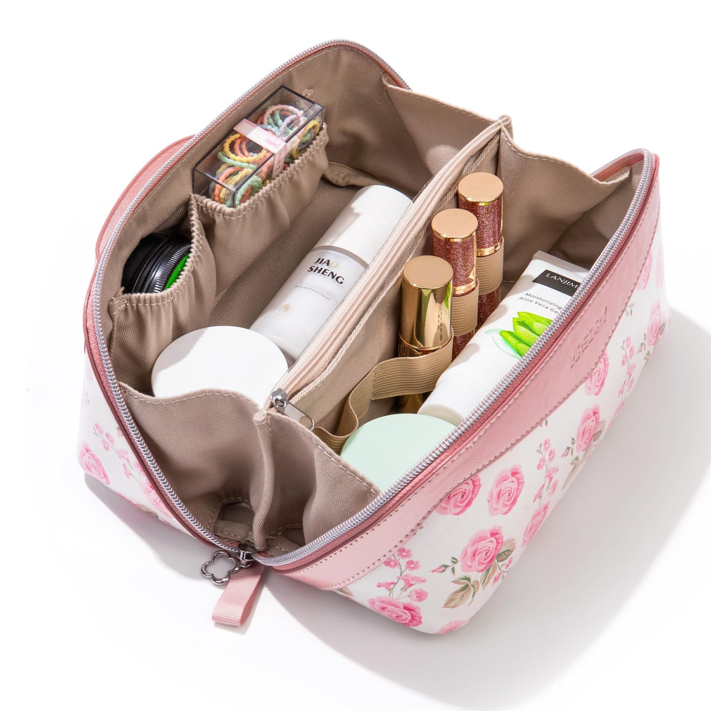 Mrsdry Travel Makeup Bag，Large-capacity waterproof cosmetic bag，Travel bags and toiletries bags for women，PU leather material，Multi-zone and large opening design (Rose Gold flower)