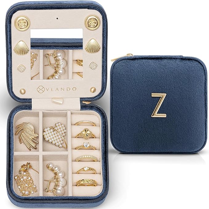 Vlando Teacher Appreciation Jewelry Travel Case for Women - Organizer Gift, Letter Z, Dark Blue