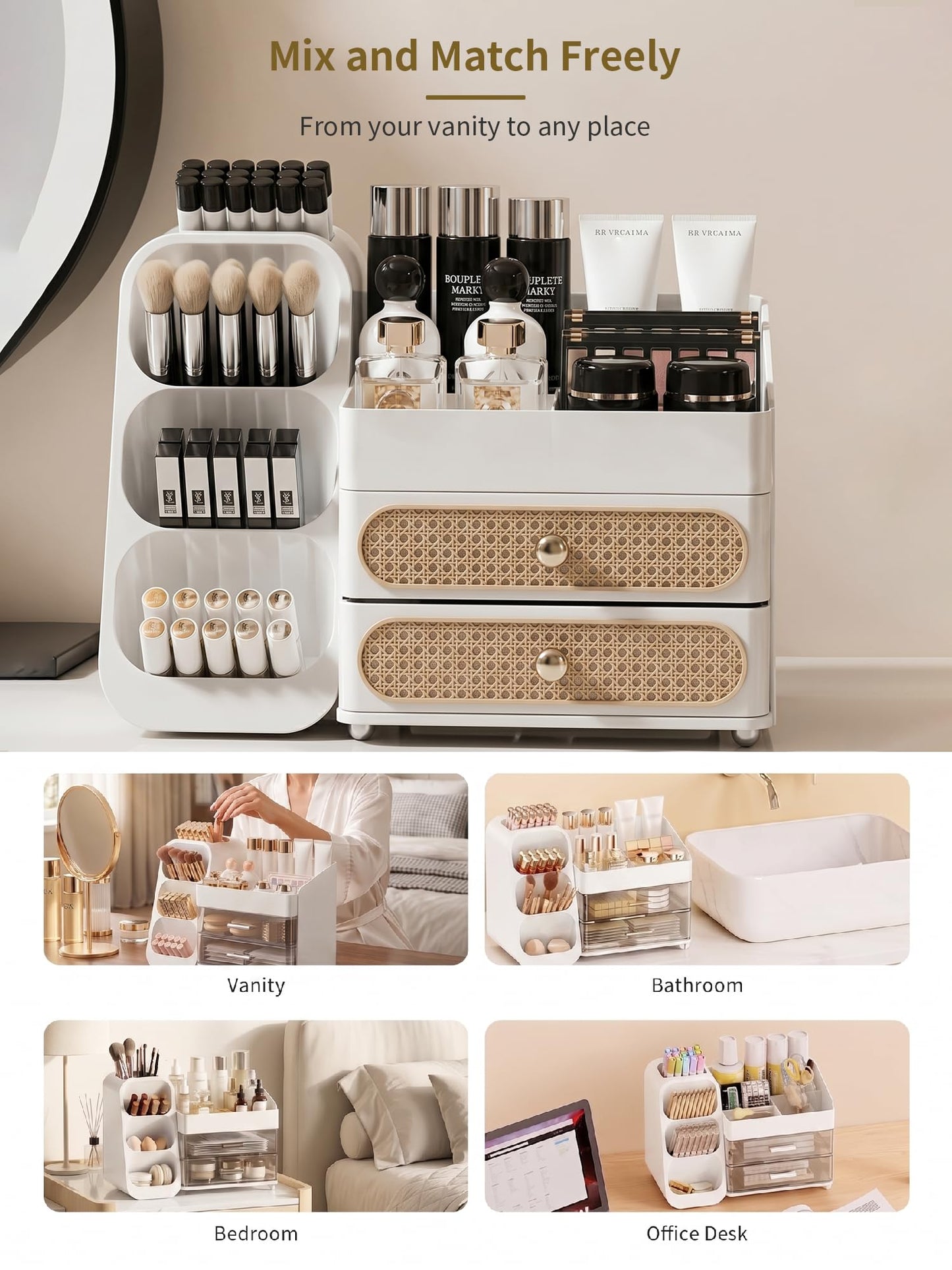 Booklov Makeup Organizer for Vanity, Large Capacity Cosmetic Display Case with Drawers, Countertop Beauty Storage Holder for Skincare, Brush Eyeliner Perfume Eyeshadow Lipsticks, Counter Desk, White