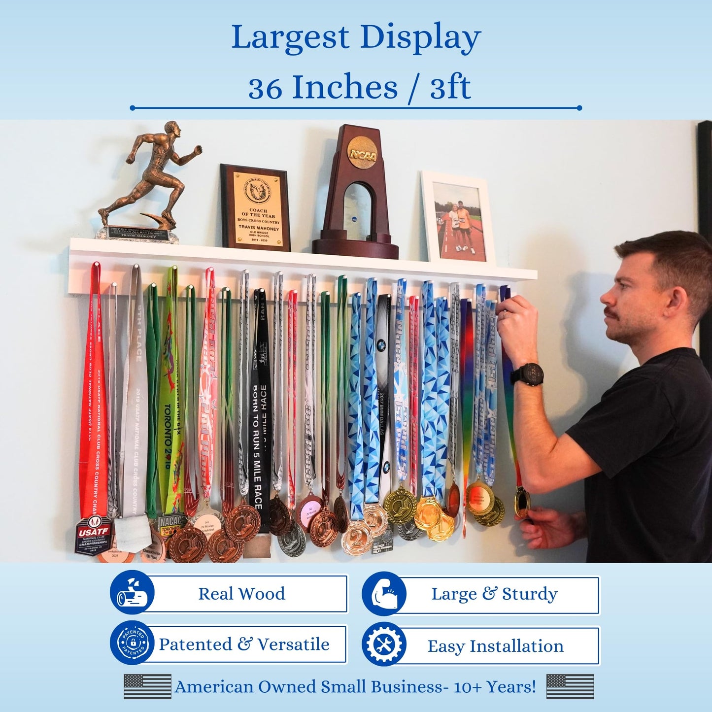 MedalAwardsRack 3ft- Ultimate Medal Hanger Display and Trophy Shelf - Multi-Sport Trophy and Medal Holder for Medal Display, Plaques, Pictures, Trophies and more. Solid Wood - Large 36" - Walnut