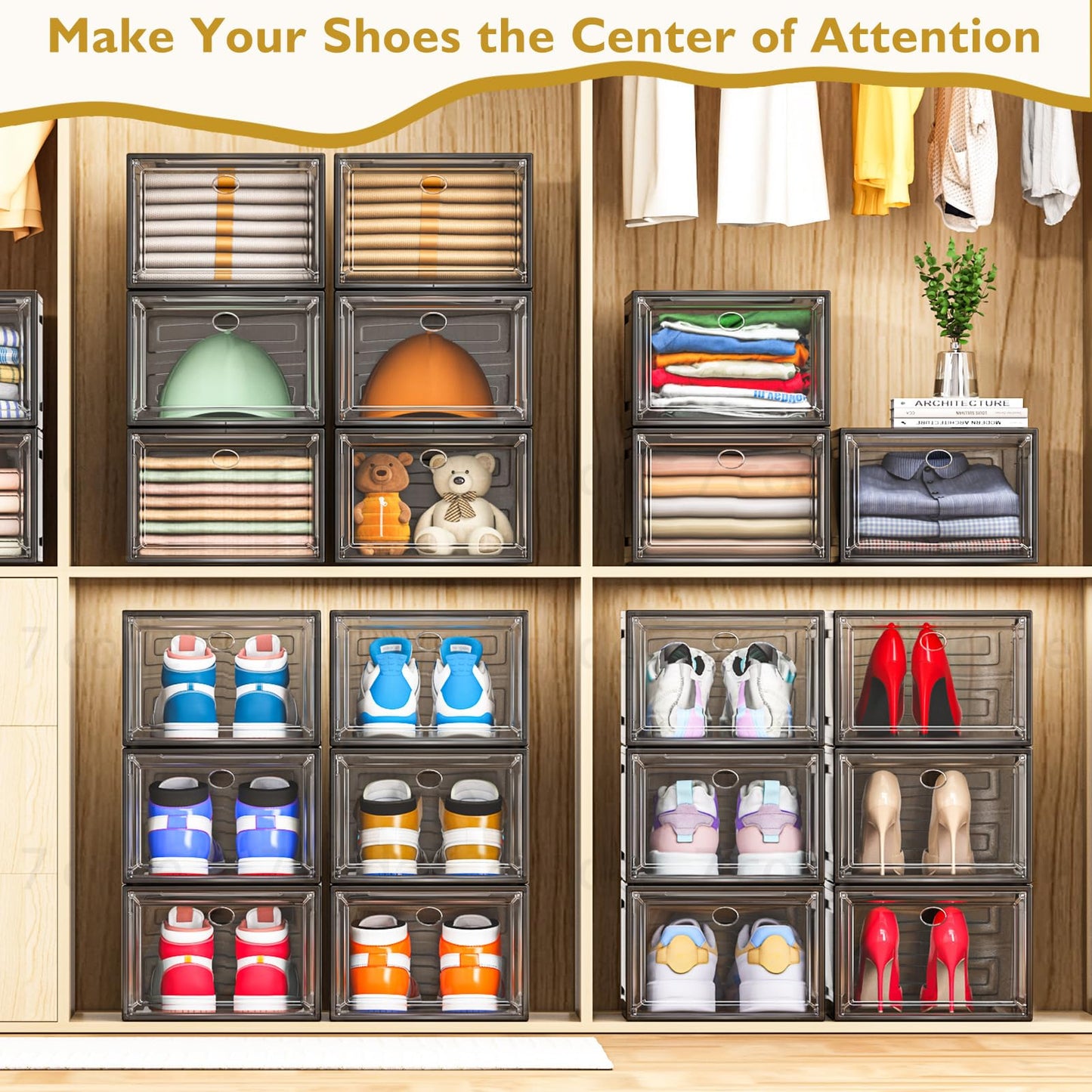 7 code Thicken & Sturdy Clear Shoe Storage Organizer with Magnetic Door, Stackable Boxes for Closet, Foldable Shoe Rack for Sneaker Boot Container, Plastic Shoe Cabinet Shoe Box 6 Pack, Black