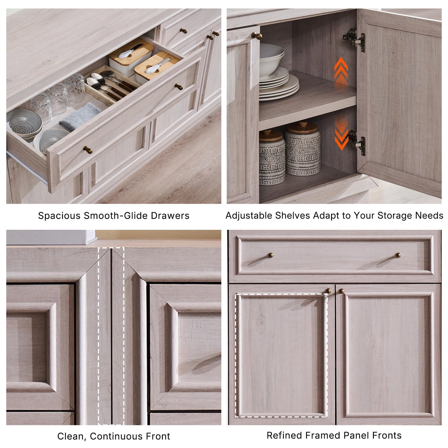 ACCOHOHO Modern Farmhouse Buffet Cabinet, 126" Sideboard Credenza, Modular Storage Cabinet with Framed Panel Fronts, Adjustable Shelves & Dual Base Design, White Alder