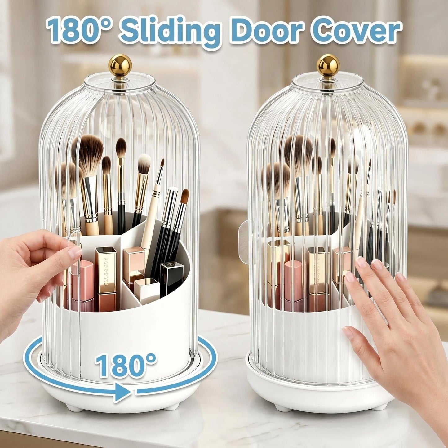 Makeup Brush Holder with Lid Rotating Clear Dustproof Make Up Organizers for Vanity Makeup Brush Storage Box Toothbrush Holders Toothpaste Holder Bathroom Counter Stand Sink Organizer Caddy for Vanity