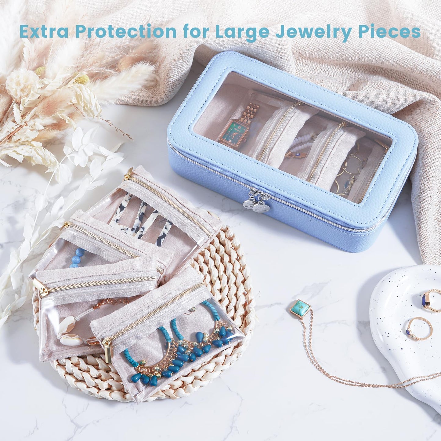 Lolalet 8 in 1 Travel Jewelry Case with Velvet Pouches, Clear Window Travel Jewelry Organizer Bags for Earrings, Bracelets, Necklaces and Rings, Compact Jewelry Storage for Women Girls -Blue, 7PCS