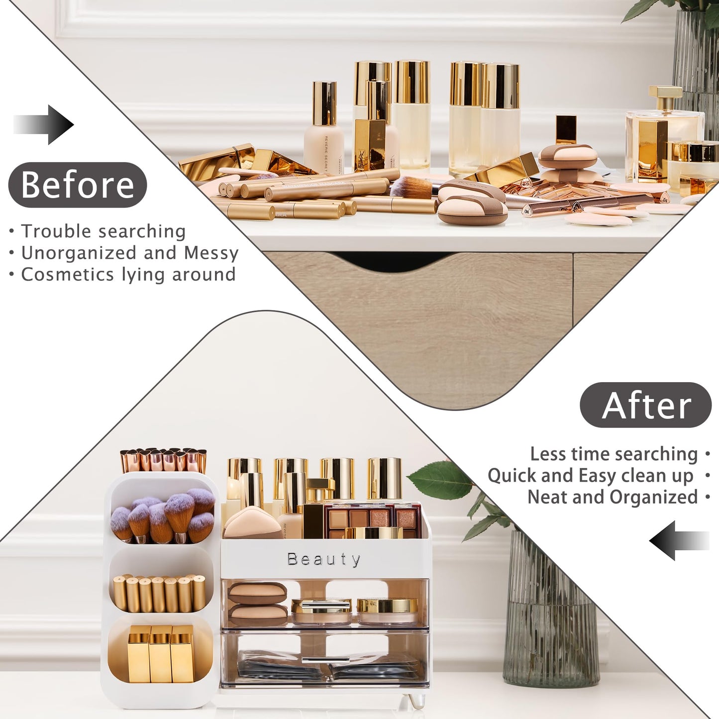 SYFIS Makeup Organizer for Vanity with Brush Holder, Countertop Makeup organizer with Drawers for Skincare, Cosmetics, Perfumes, Eyeshadow Palettes, Spacious Cosmetic storage organizer