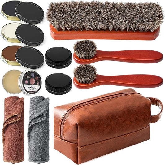 13 Pcs Shoe Polish Kit, Leather Boot Care Kit for Men, Black Shoes Shine Kit for Cleaning with PU Storage Bag