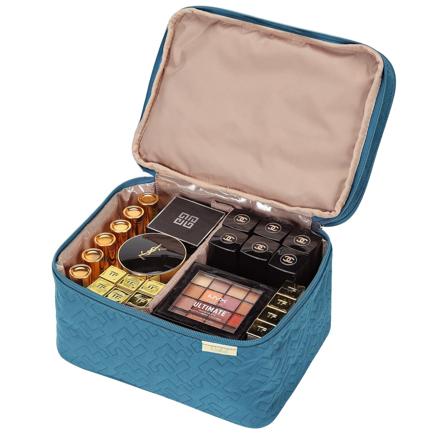 NISHEL Large Double Layer Travel Makeup Bag Women, Cosmetic Case, Organizer for Travel-Size Accessories Bottles, Brushes, Conditioner, and Skin Care Products, Lake Blue