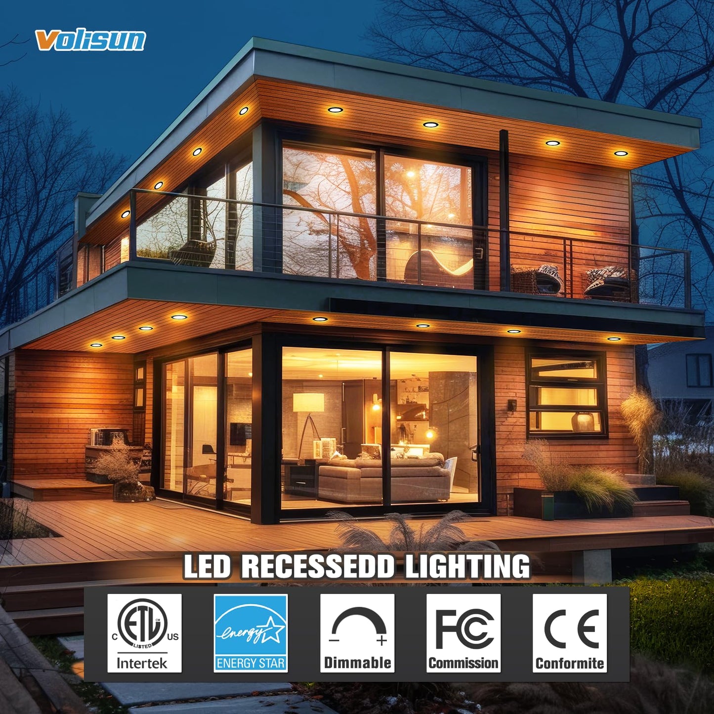 VOLISUN 12 Pack 6 Inch Black Recessed Light with Night Light, Canless LED Recessed Lighting 6 inch, 2700K-5000K Selectable, 12W=130W,1080LM Soffit Lighting Outdoor Recessed Light, ETL Certificated