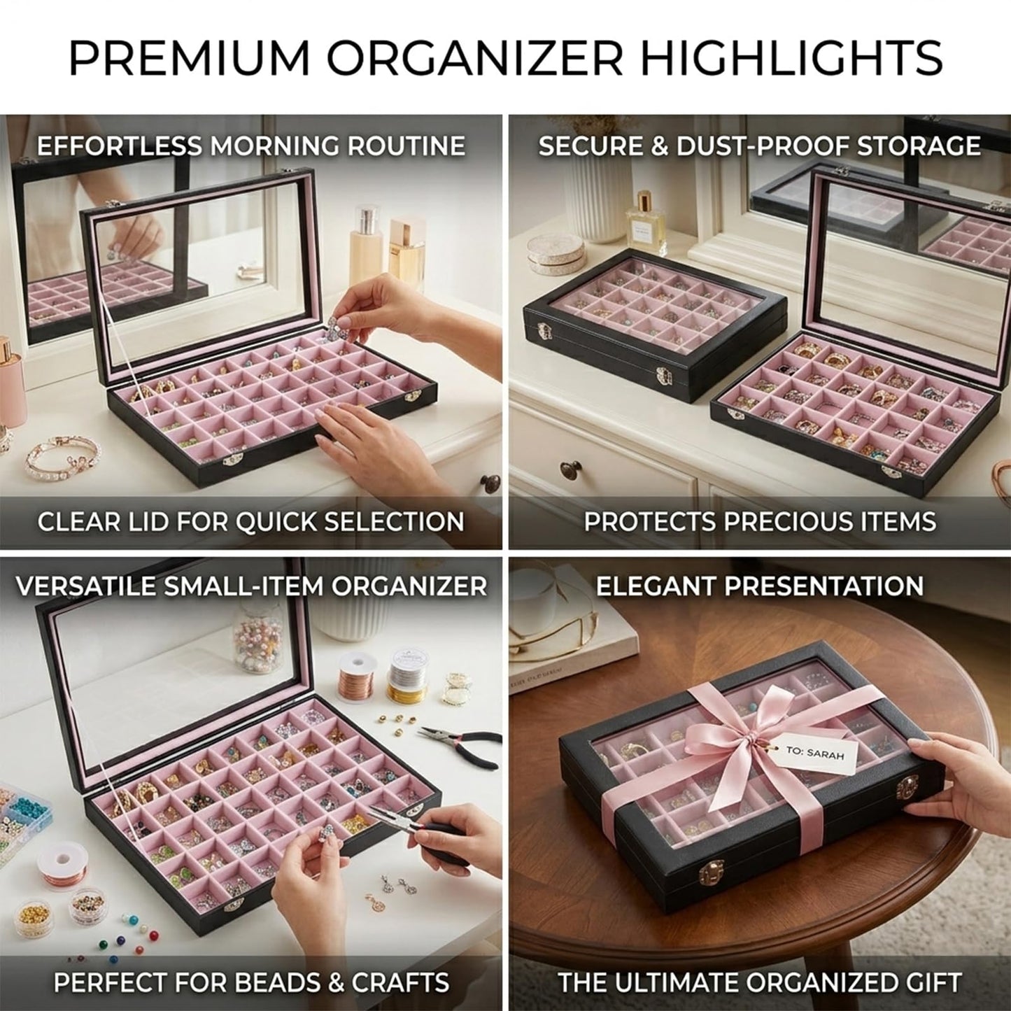 Stratalife Jewelry Organizer Earring Holder Jewelry Tray with Lid Earring Storage Drawer Organizer Earring Ring Storage for Women 30 Grid (Pink Black)