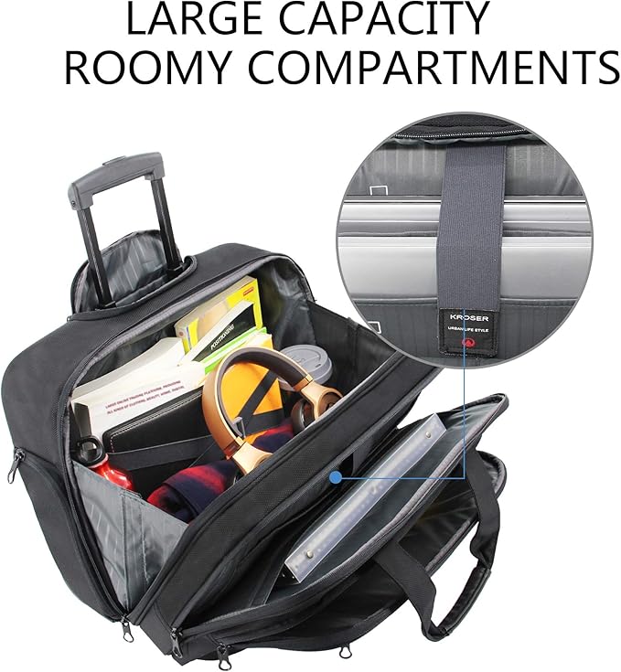 KROSER Rolling Laptop Bag for Men Women, Rolling Laptop Wheeled Briefcase for Business Fits Up to 17.3 Inch Laptop, Water-Repellent Wheeled Computer Bag Roller Case with RFID Pockets for Travel