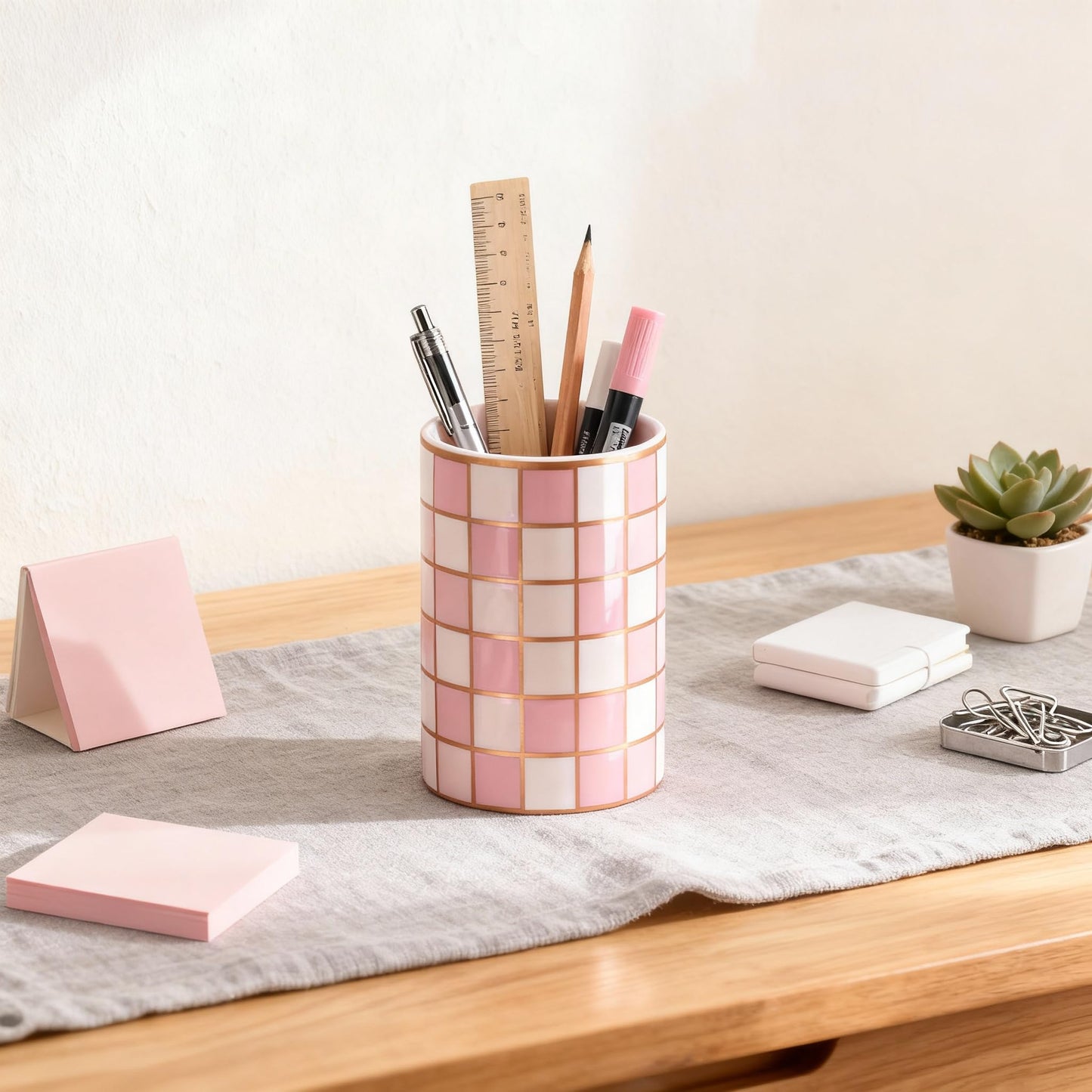 XYQXYQ Ceramic Checkered Pen Holder For Desk,Cute Stand Black And White Pencil Cup,Durable Ceramic Pencil Cup, Decorative Makeup Brush Holder Cup, Stationery Holder for Office, School, Home (Pink)