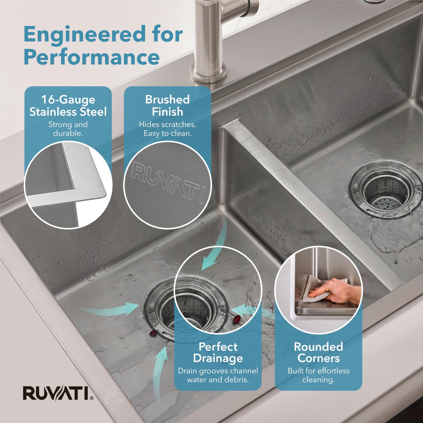 Ruvati 33 x 22 inch Workstation Drop-in 60/40 Double Bowl Topmount Tight Radius 16 Gauge Stainless Steel Ledge Kitchen Sink - RVH8035
