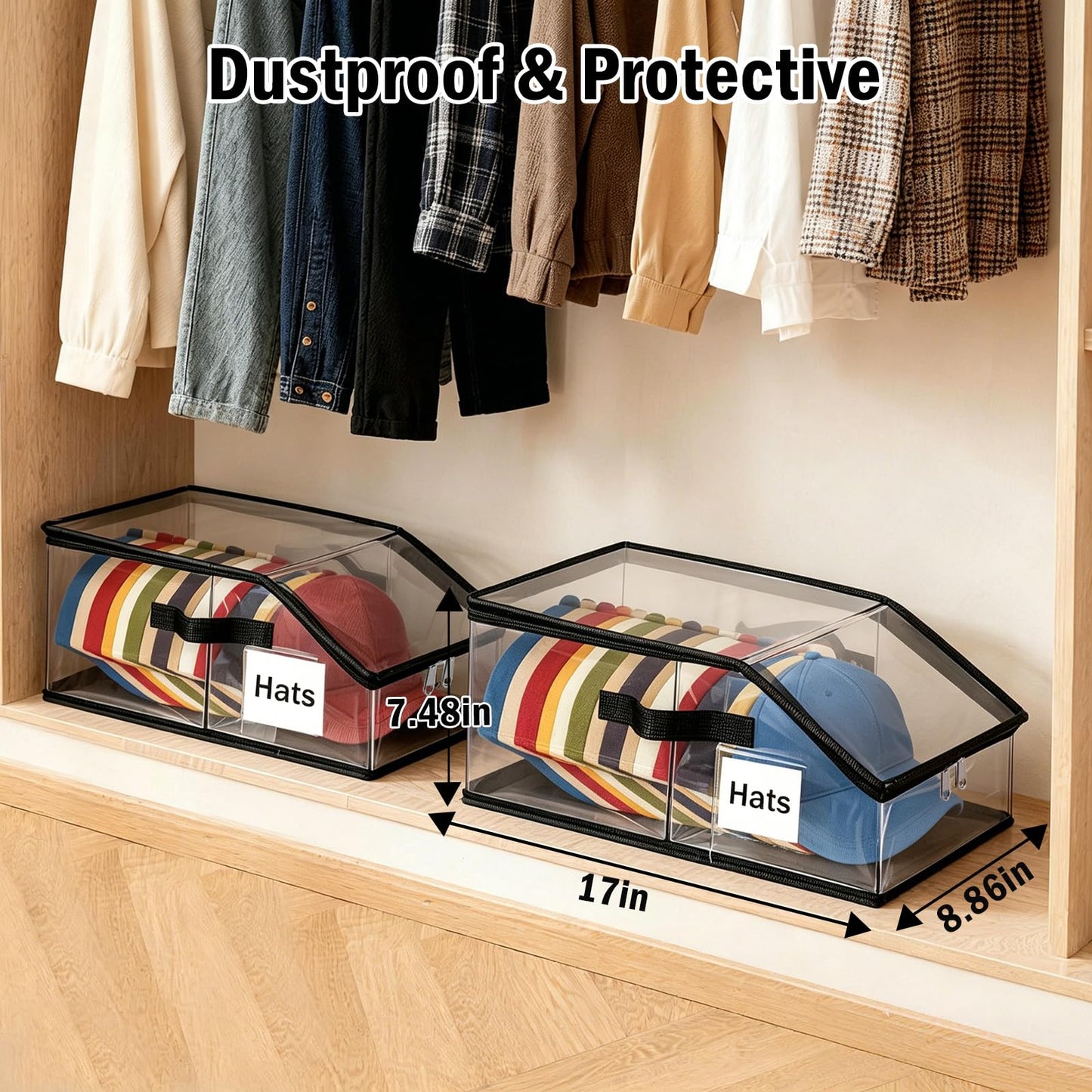 Uawsyut Foldable Clear Baseball Cap Storage Organizer – Stackable Transparent Hat Display Case with Zipper Closure 2PCS– Space-Saving Protective Unit for Baseball Caps & Accessories Black Trim