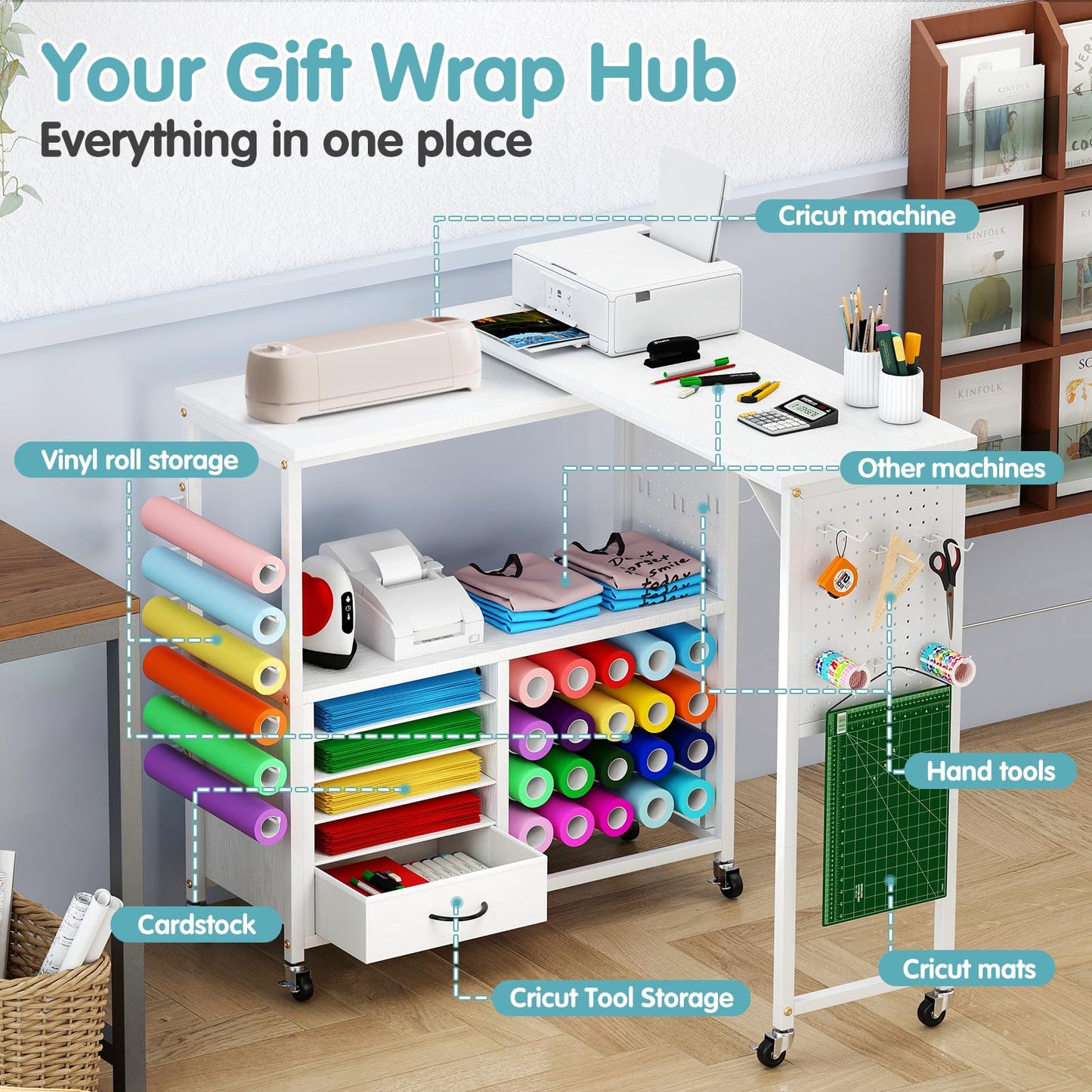 MASHELLY 360 Rotating Craft Cart with 26 Vinyl Rolls Storage & Side Pegboards | Mobile Rolling Workstation for Heat Press, Compatible with Cricut Machines | Locking Brakes for Craft Room Home Office