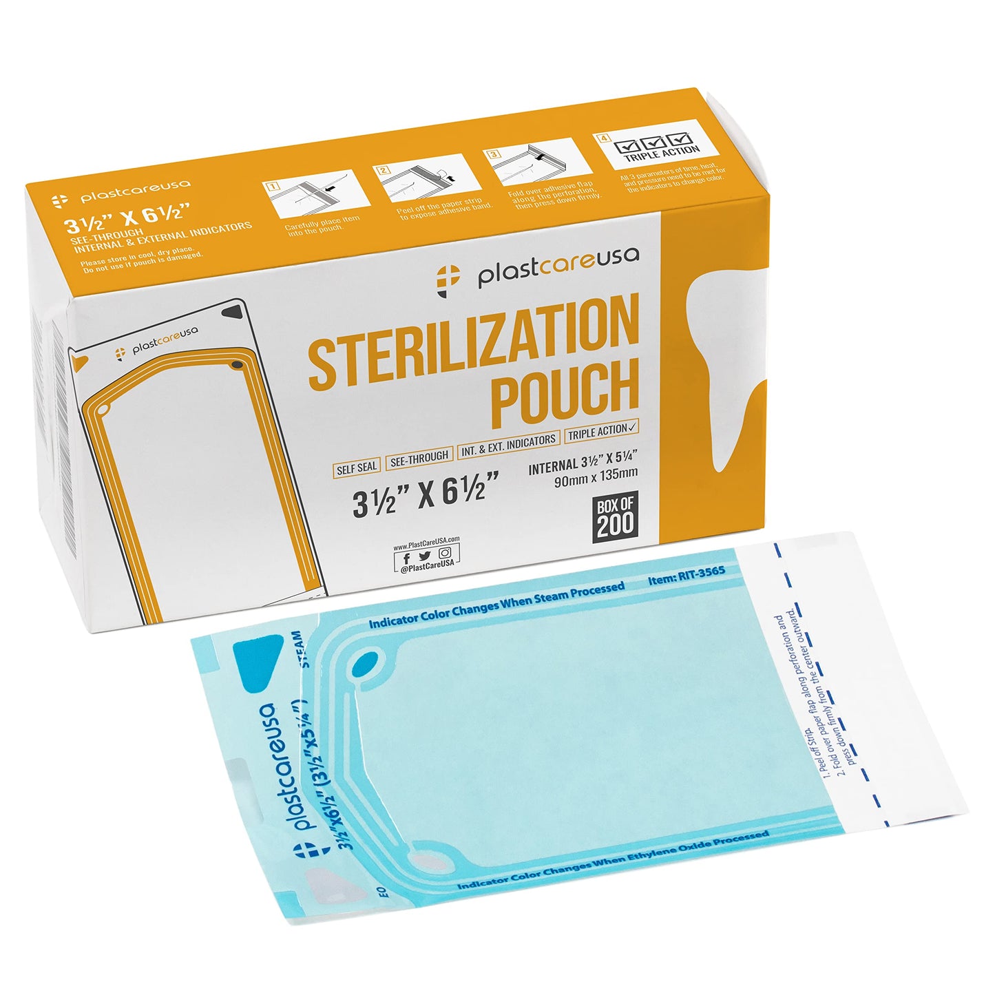 200 3.5 X 5.25 Self Sealing Sterilization Pouches - Autoclave Sterilizer Bags Pouch for Sterilizing Dental Medical Instruments & Cleaning Tools - Latex-Free, Color Changing Indicator by PlastCare USA
