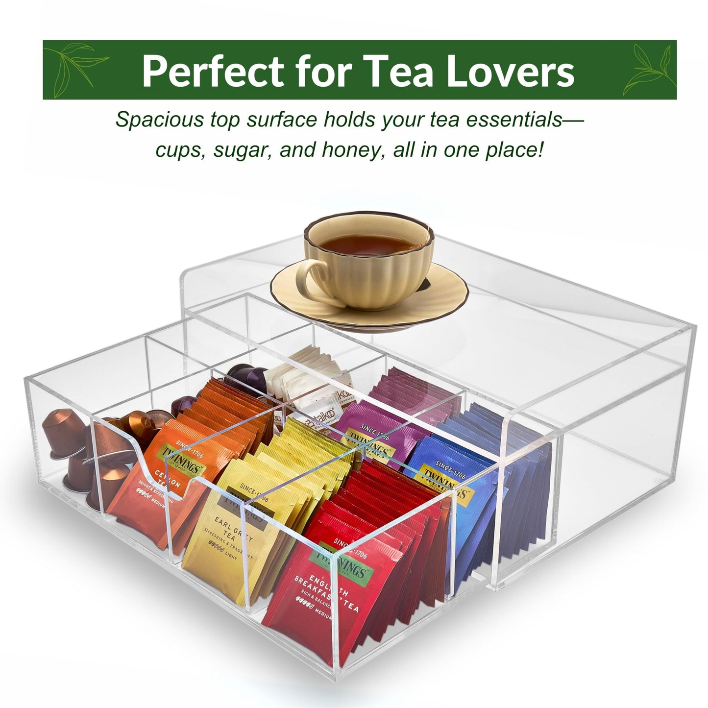 Meicloud Acrylic Tea Station Organizer for Countertop - Tea Bag Organizer Drawer, Clear Lucite K Cup and Coffee Pod Storage box with 8 Compartments, Tea Caddy Creamer Holder Display Stand