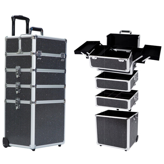 Gdsshuhung Makeup Rolling Train Case - Professional Cosmetics Organizer with Aluminum Frame, Folding Trays & Wheels, Portable for Travel & Studio (Black Diamond)