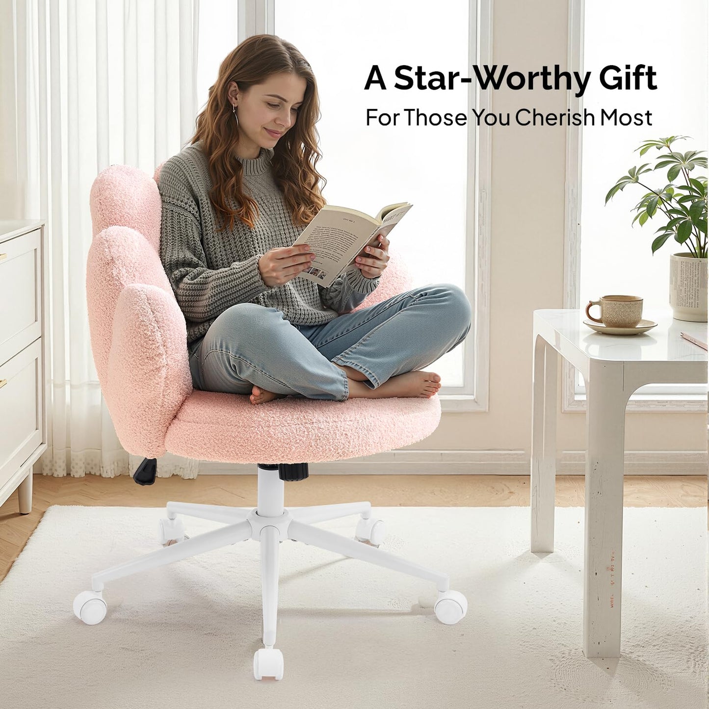 VINGLI Lovely Petal Vanity Desk Chair with Star Pillow, Height Adjustable Armless Swivel Chair in Vibrant Color-Blocking, Modern Computer Task Chair for Bedroom & Home Office, Teddy Fleece,Pink