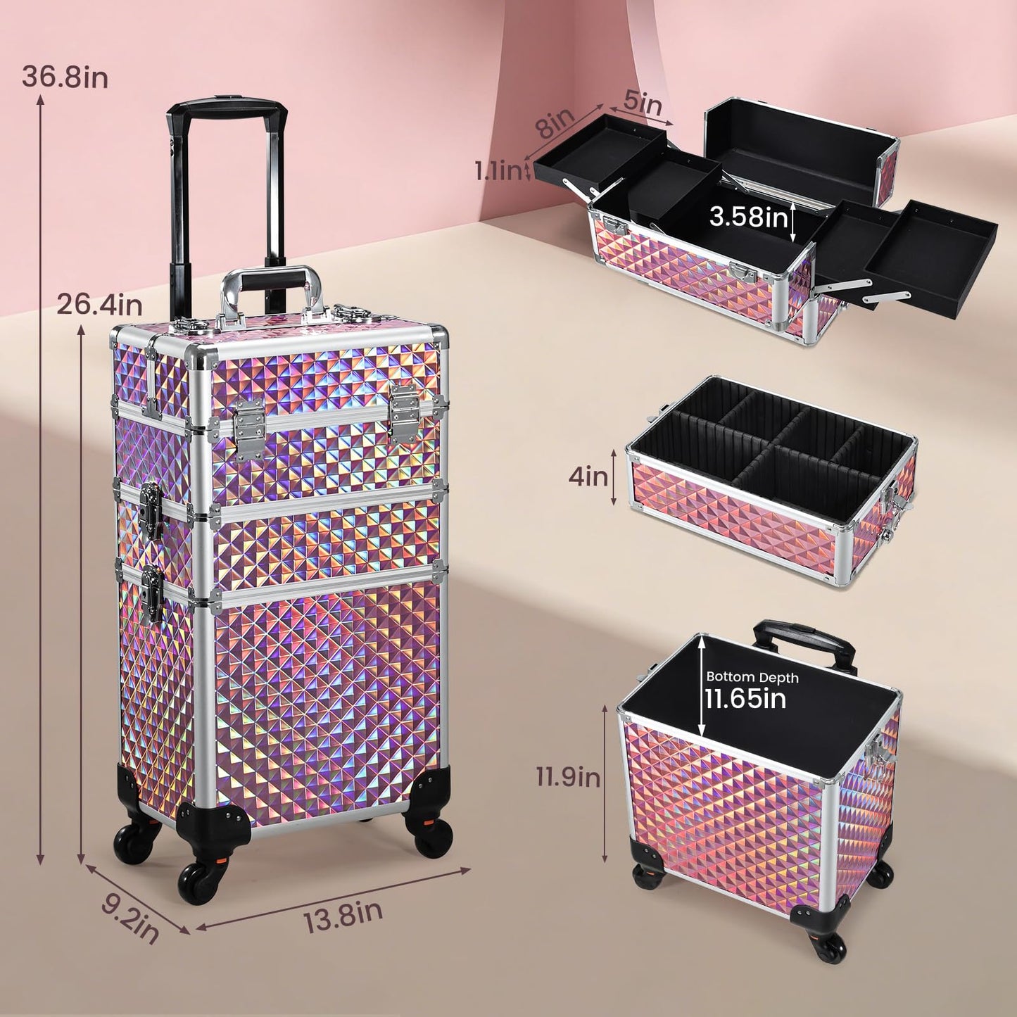 FRENESSA 3 in 1 Rolling Makeup Train Case Cosmetology Case on Wheels Pink