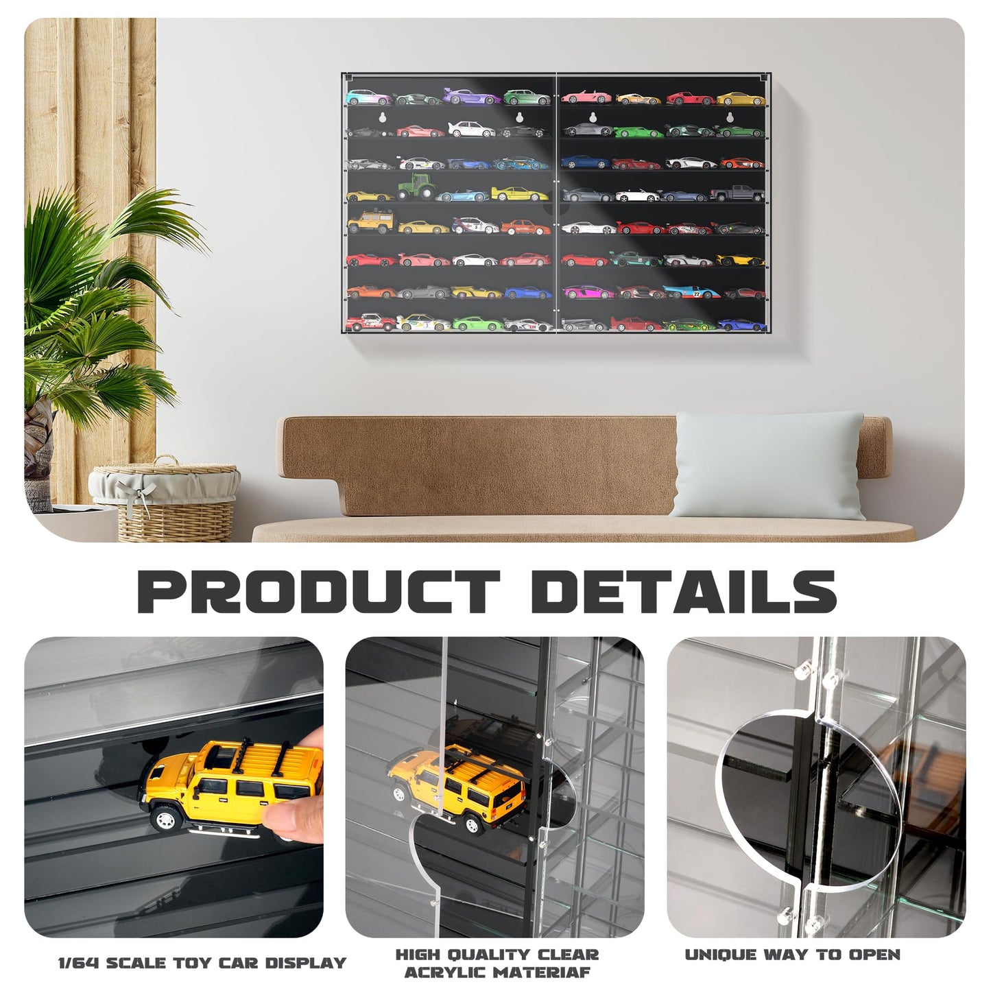 Alyoen 1/64 Scale Small Toy car Display Case, 2 in 1 Cars Display Case Wall-Mounted, Storage Cabinet with Magnetic Doors - Holds Up to 64 Cars（Black）